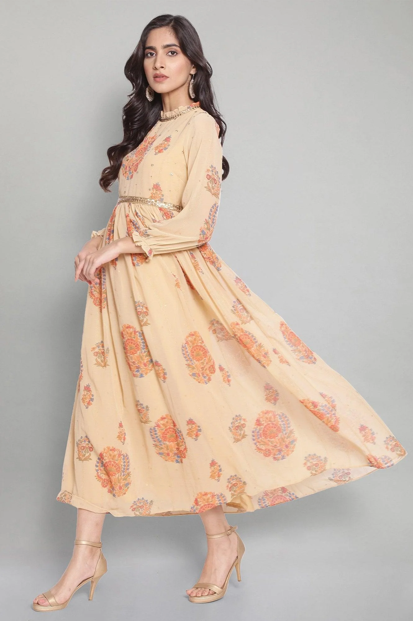 Yellow Floral Print Flared Victorian Dress - Image 3