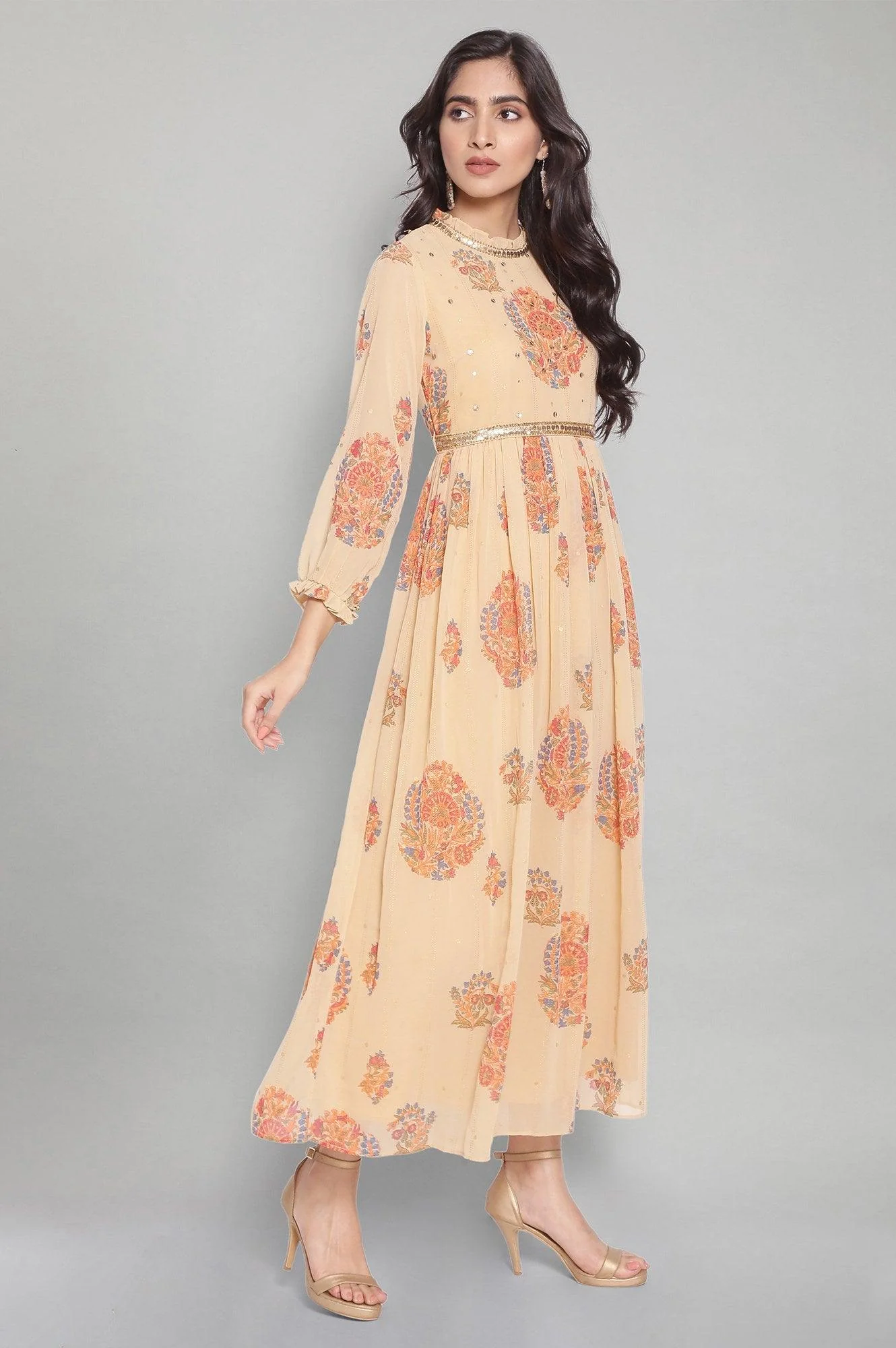 Yellow Floral Print Flared Victorian Dress - Image 4
