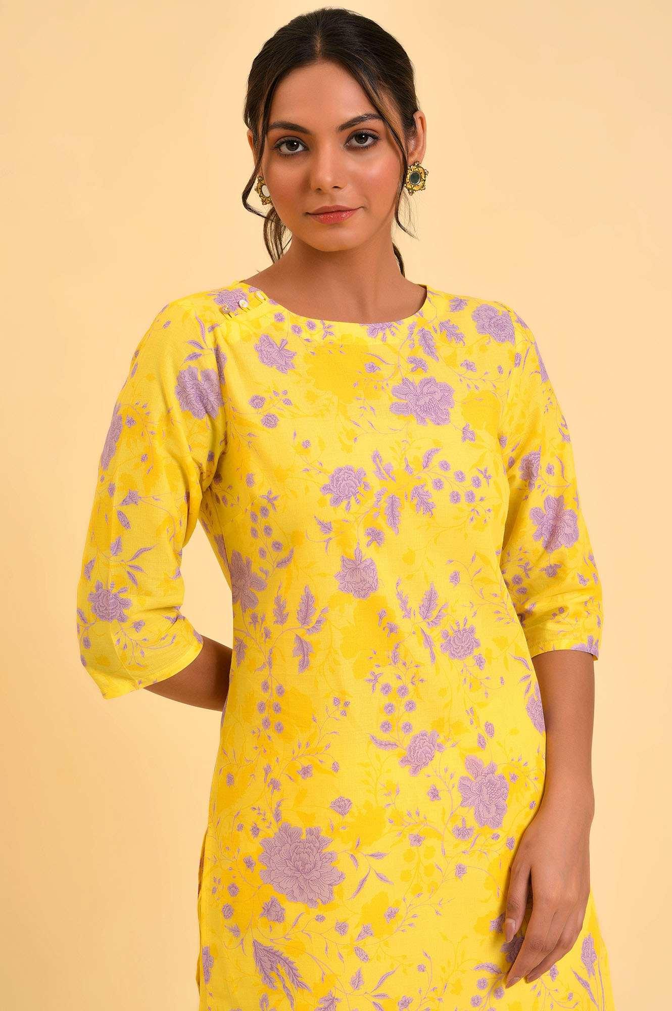 Yellow Floral Print kurta & Straight Pants Co-Ord Set - Image 5