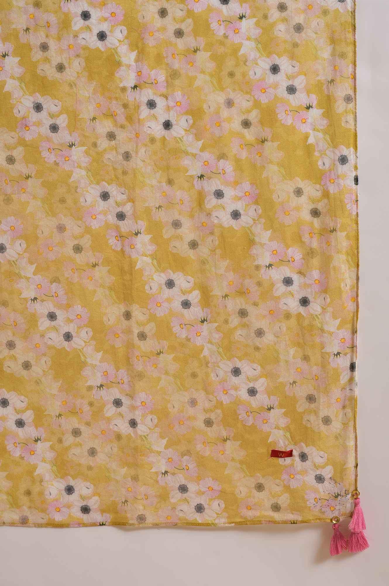 Yellow Floral Print-On-Print kurta Set - Image 8