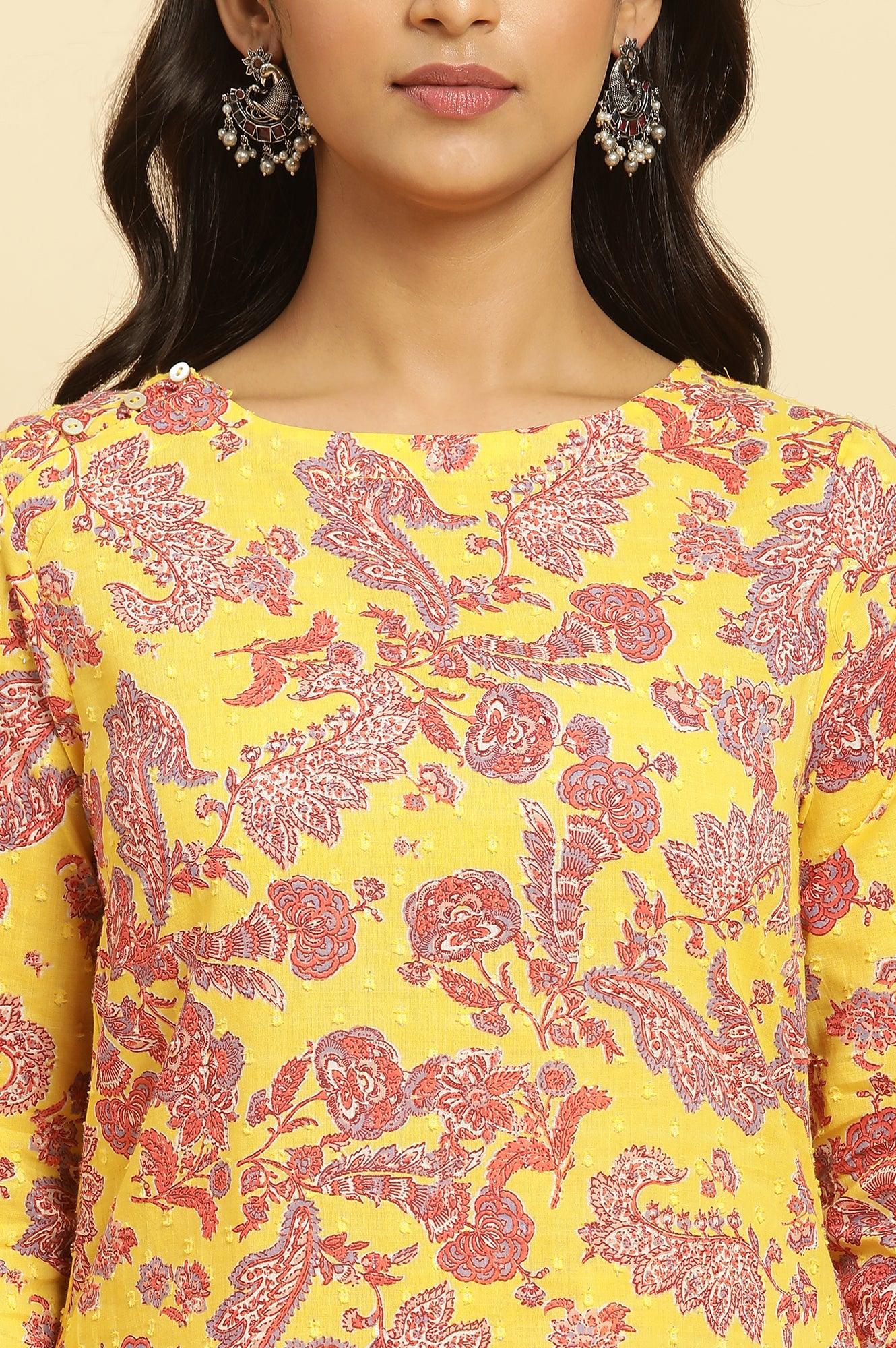 Yellow Floral Printed Cotton Kurta And Pants Co-Ord Set - Image 6