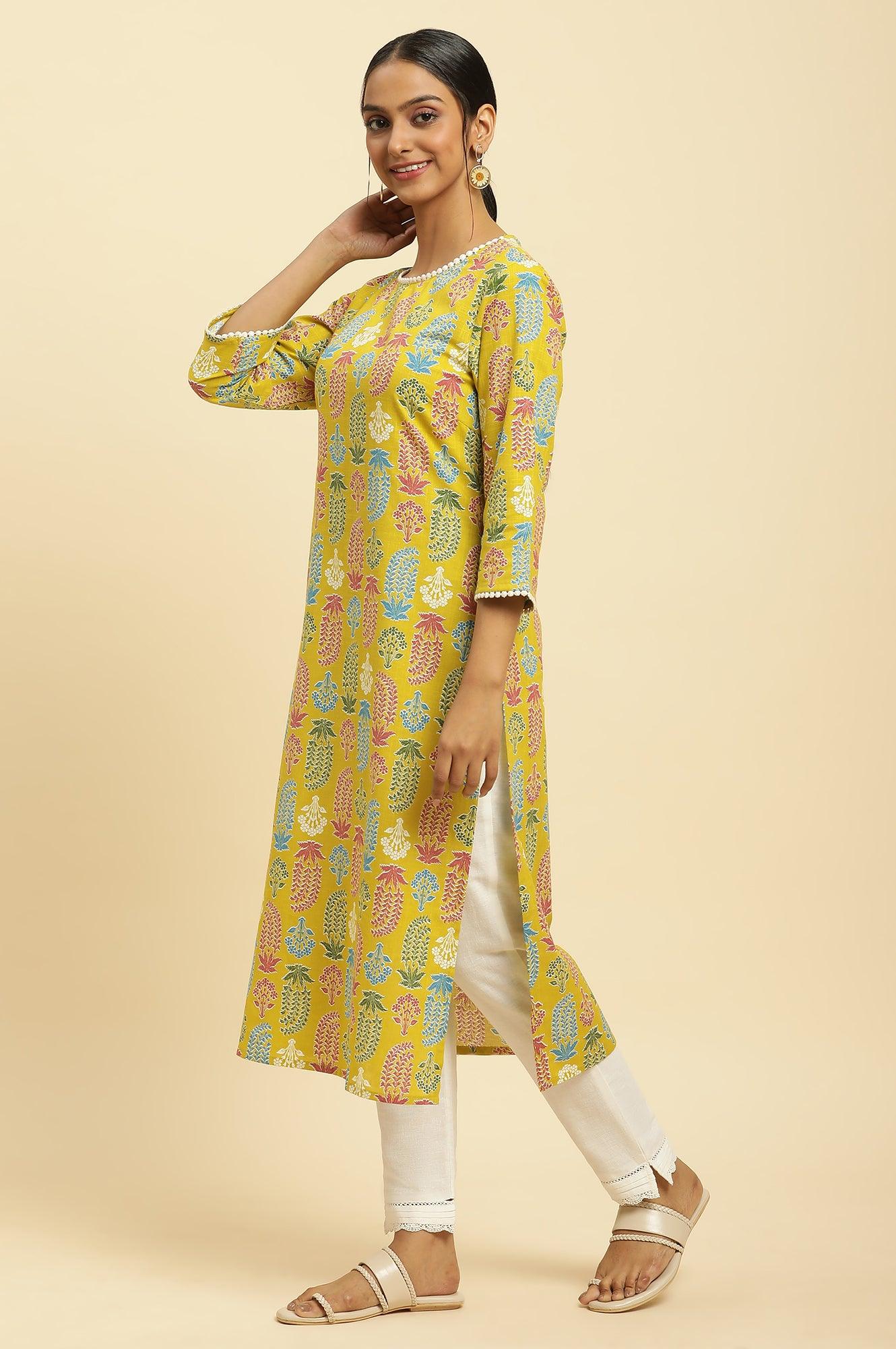 Yellow Floral Printed Cotton Kurta With Lace - Image 3