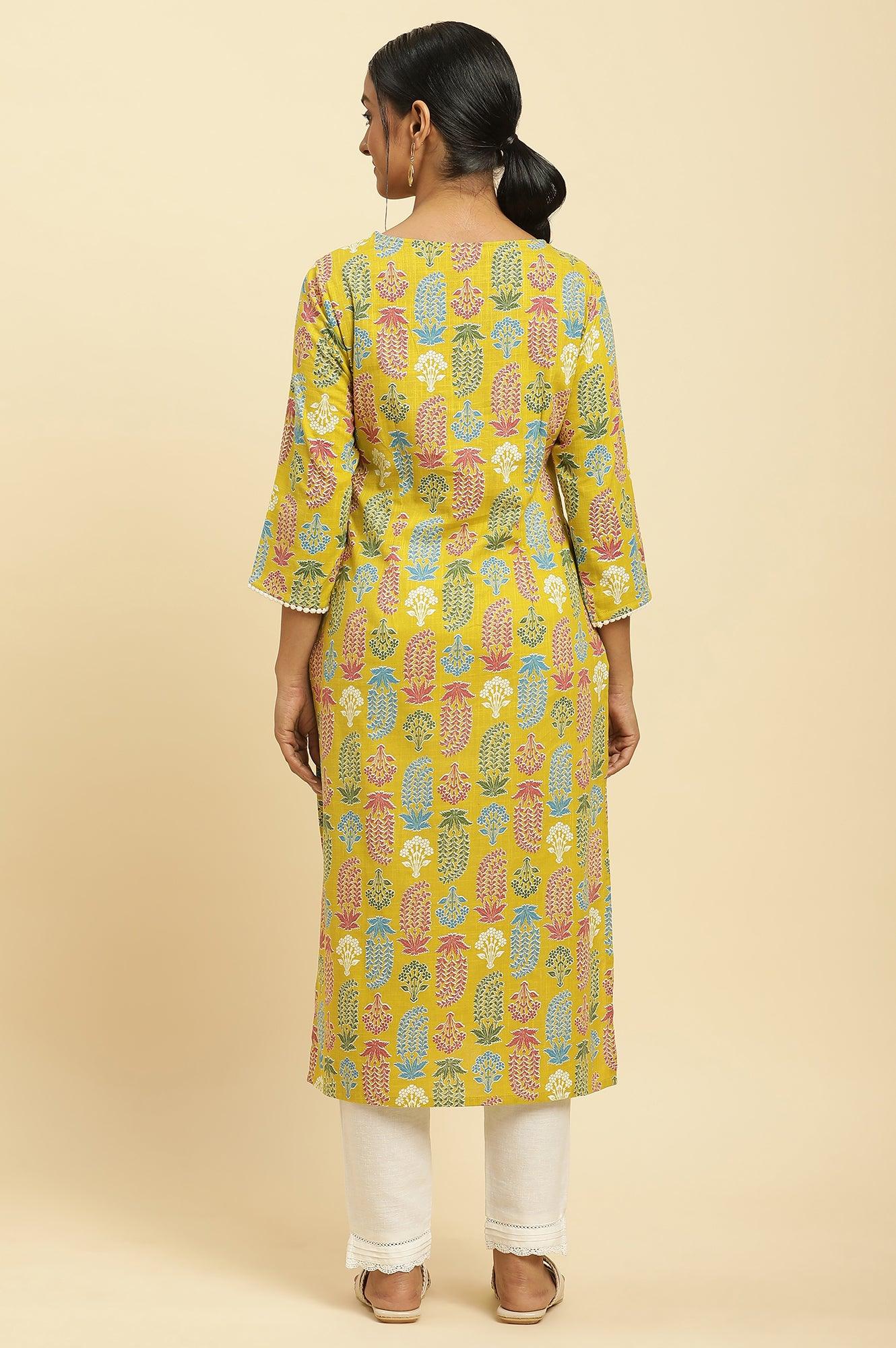 Yellow Floral Printed Cotton Kurta With Lace - Image 4