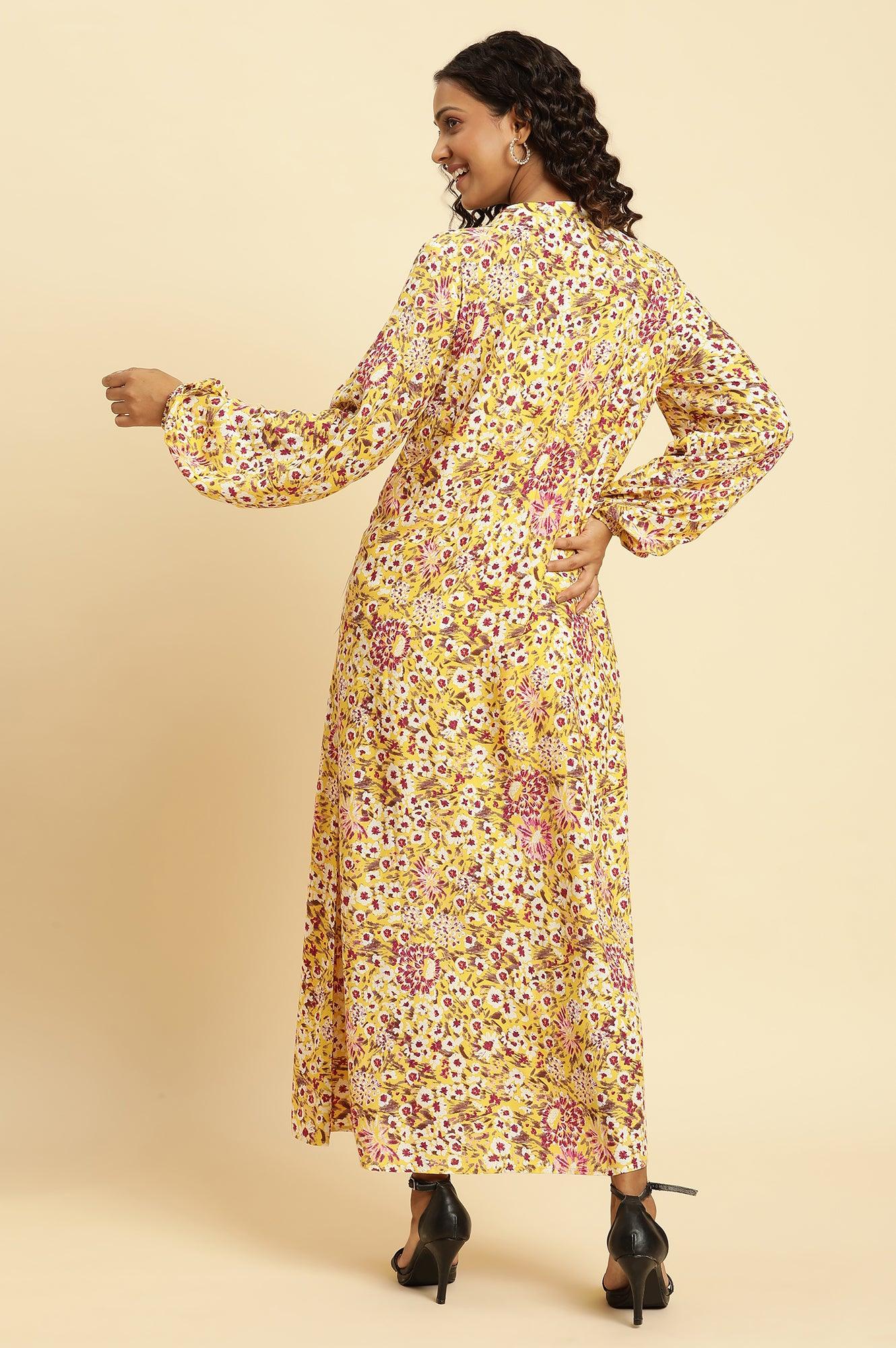 Yellow Floral Printed Flared Western Dress - Image 4