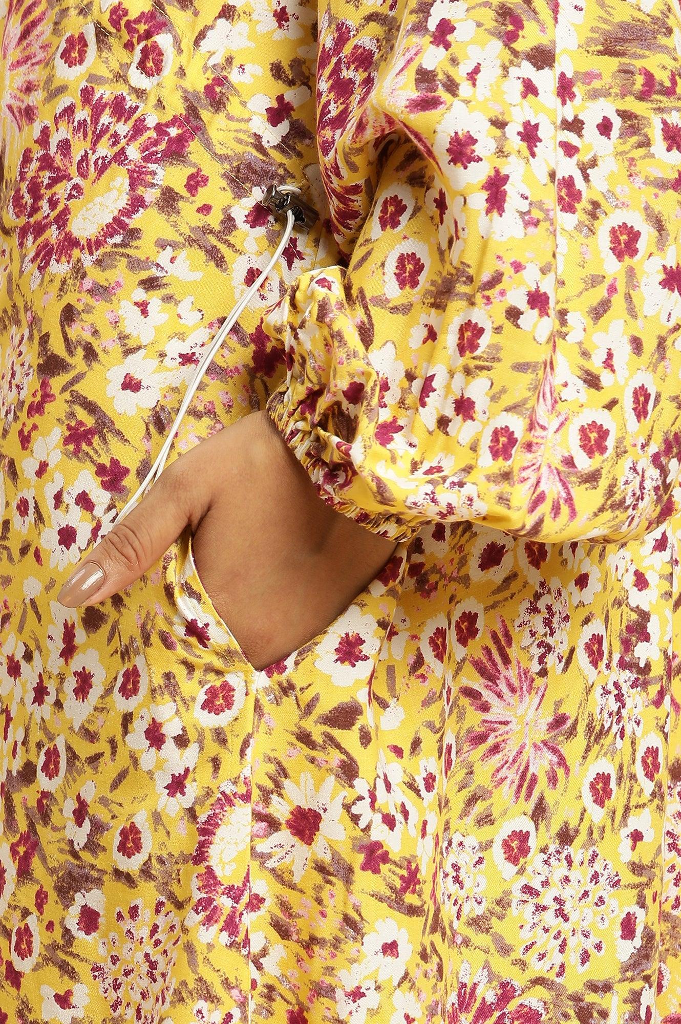Yellow Floral Printed Flared Western Dress - Image 7