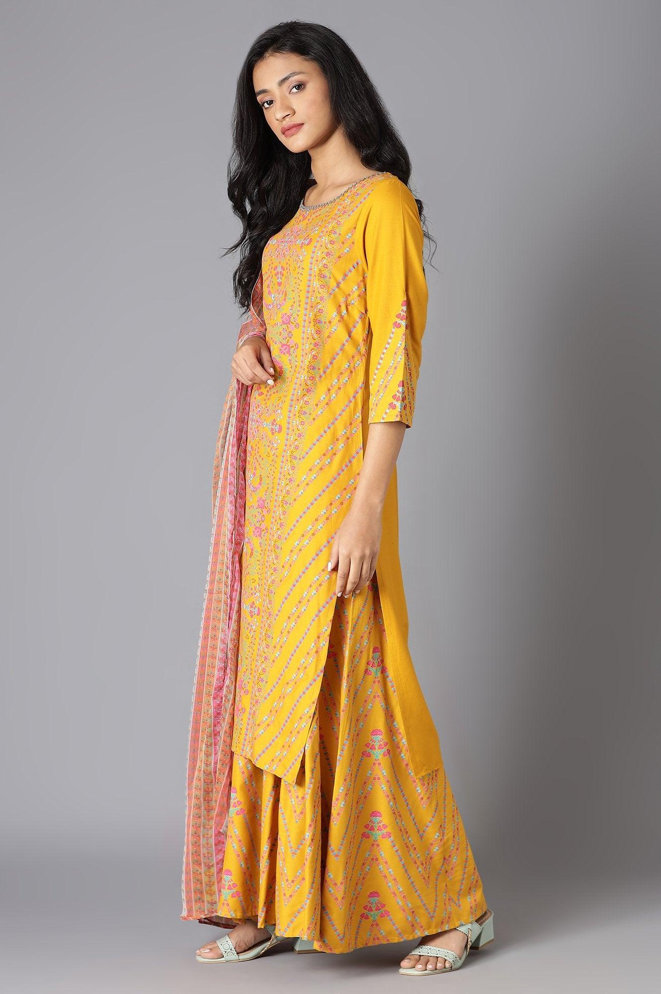 Yellow Floral Printed Kurta, Culottes And Dupatta Set - Image 3