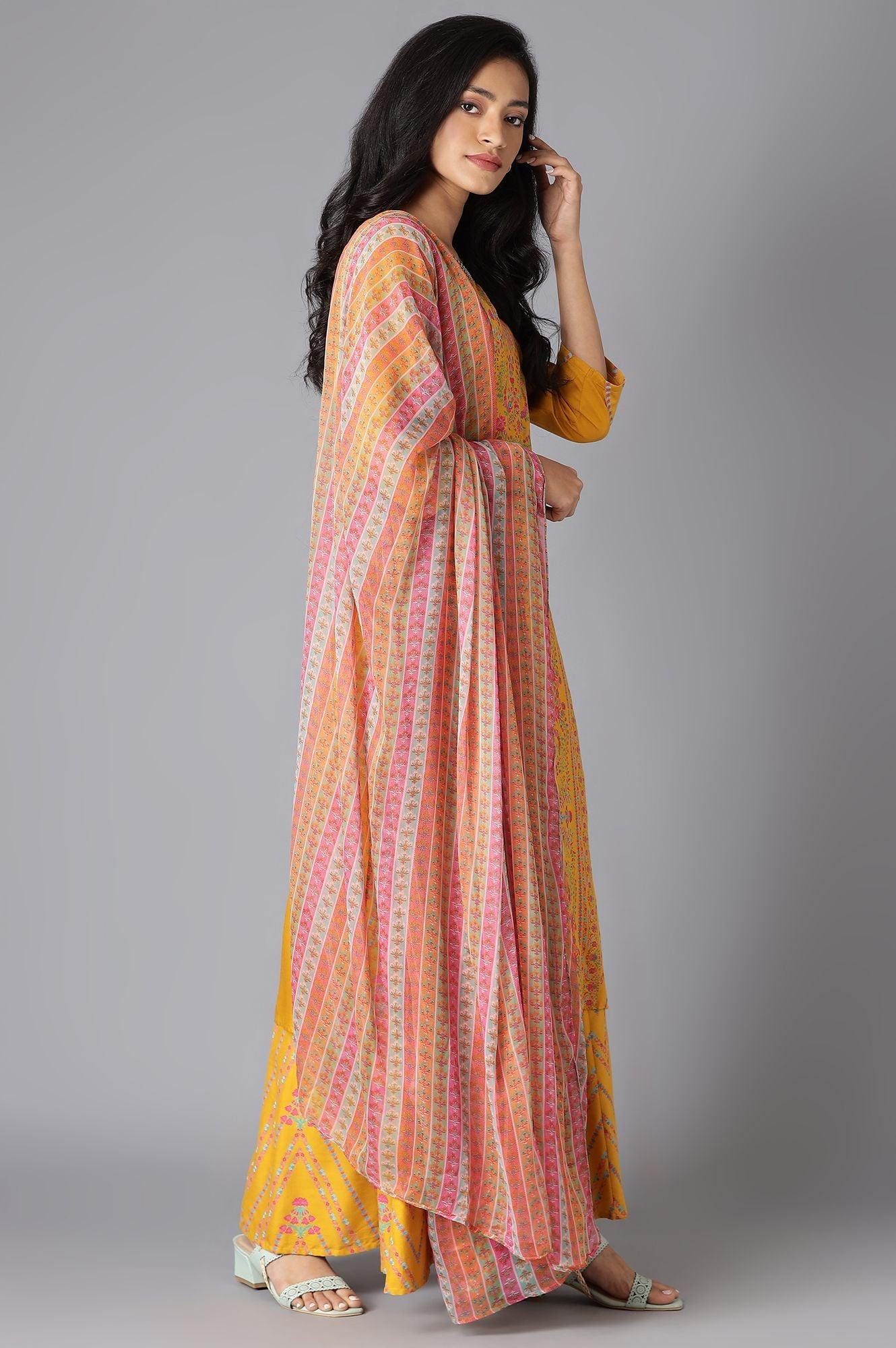 Yellow Floral Printed Kurta, Culottes And Dupatta Set - Image 4
