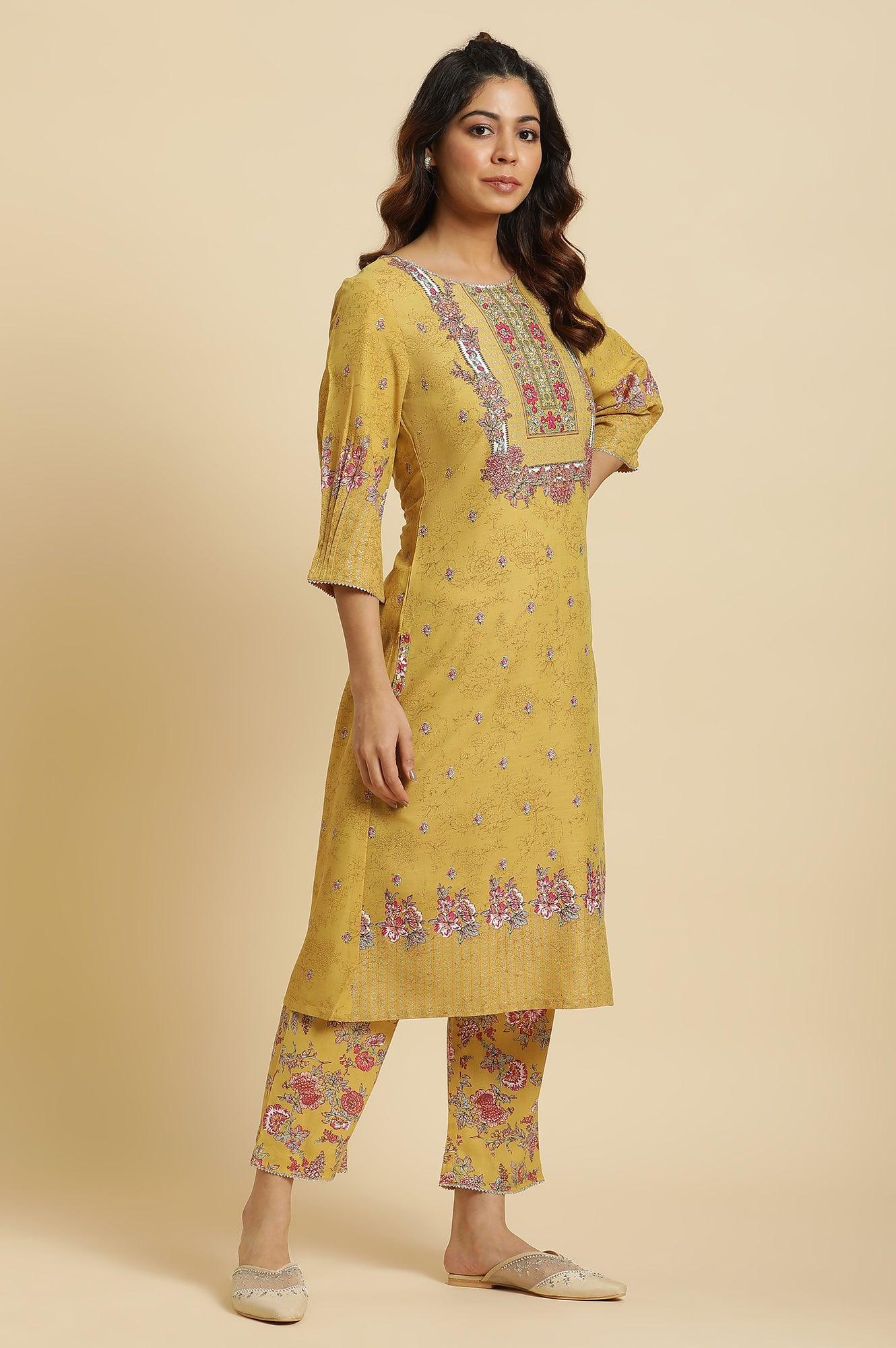 Yellow Floral Printed Kurta, Pants And Pink Dupatta Set - Image 3