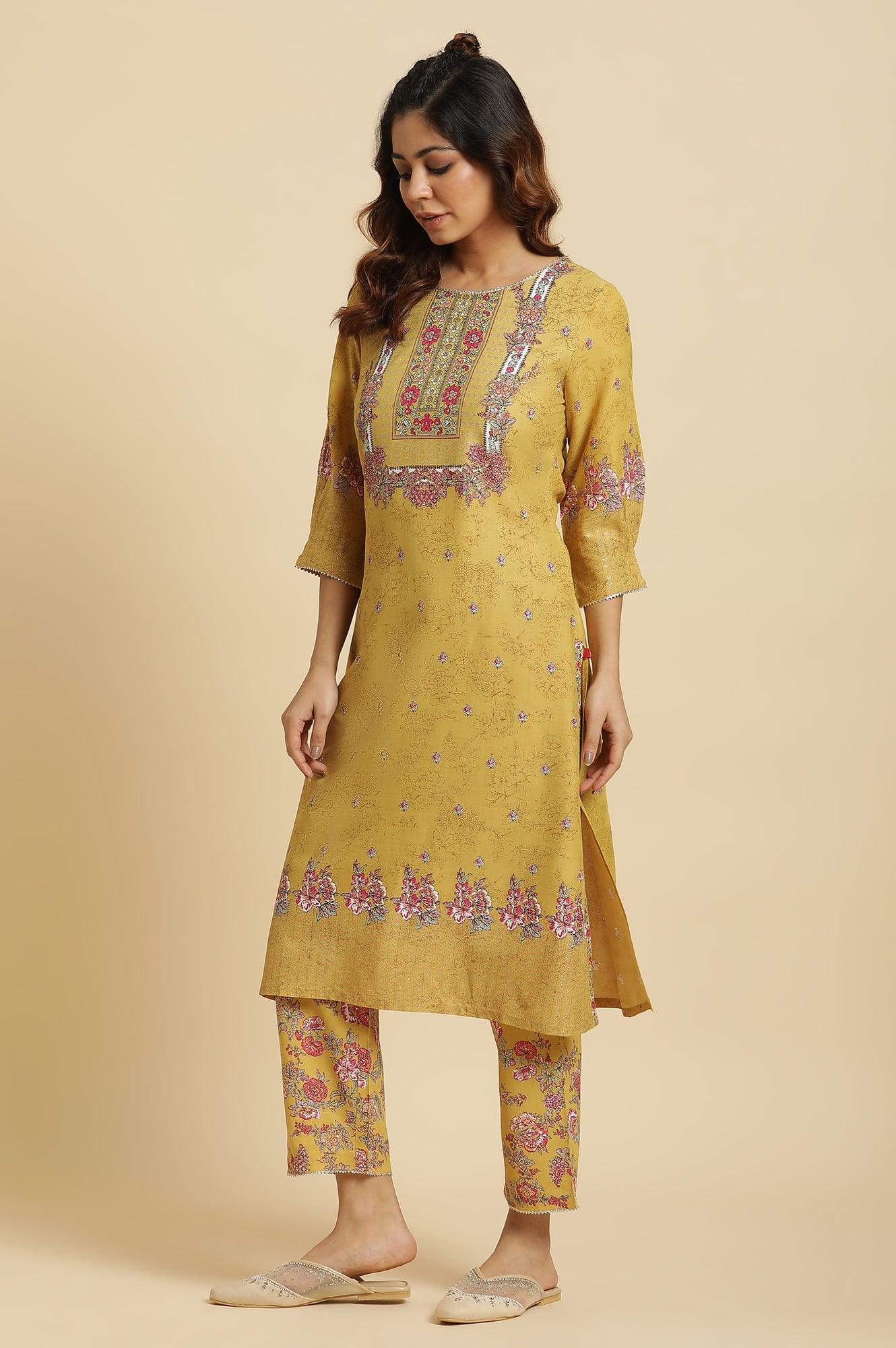Yellow Floral Printed Kurta, Pants And Pink Dupatta Set - Image 5