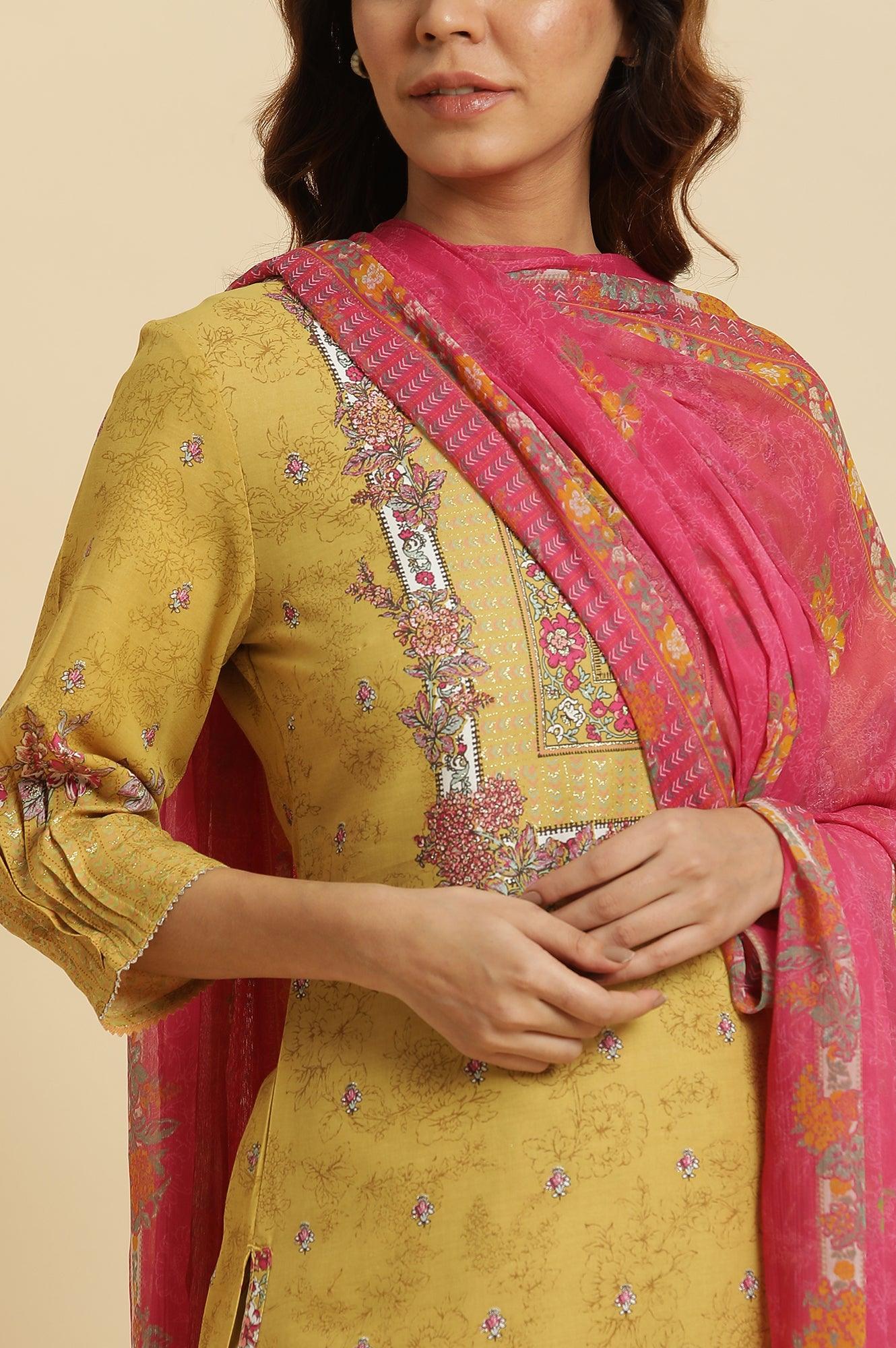Yellow Floral Printed Kurta, Pants And Pink Dupatta Set - Image 6
