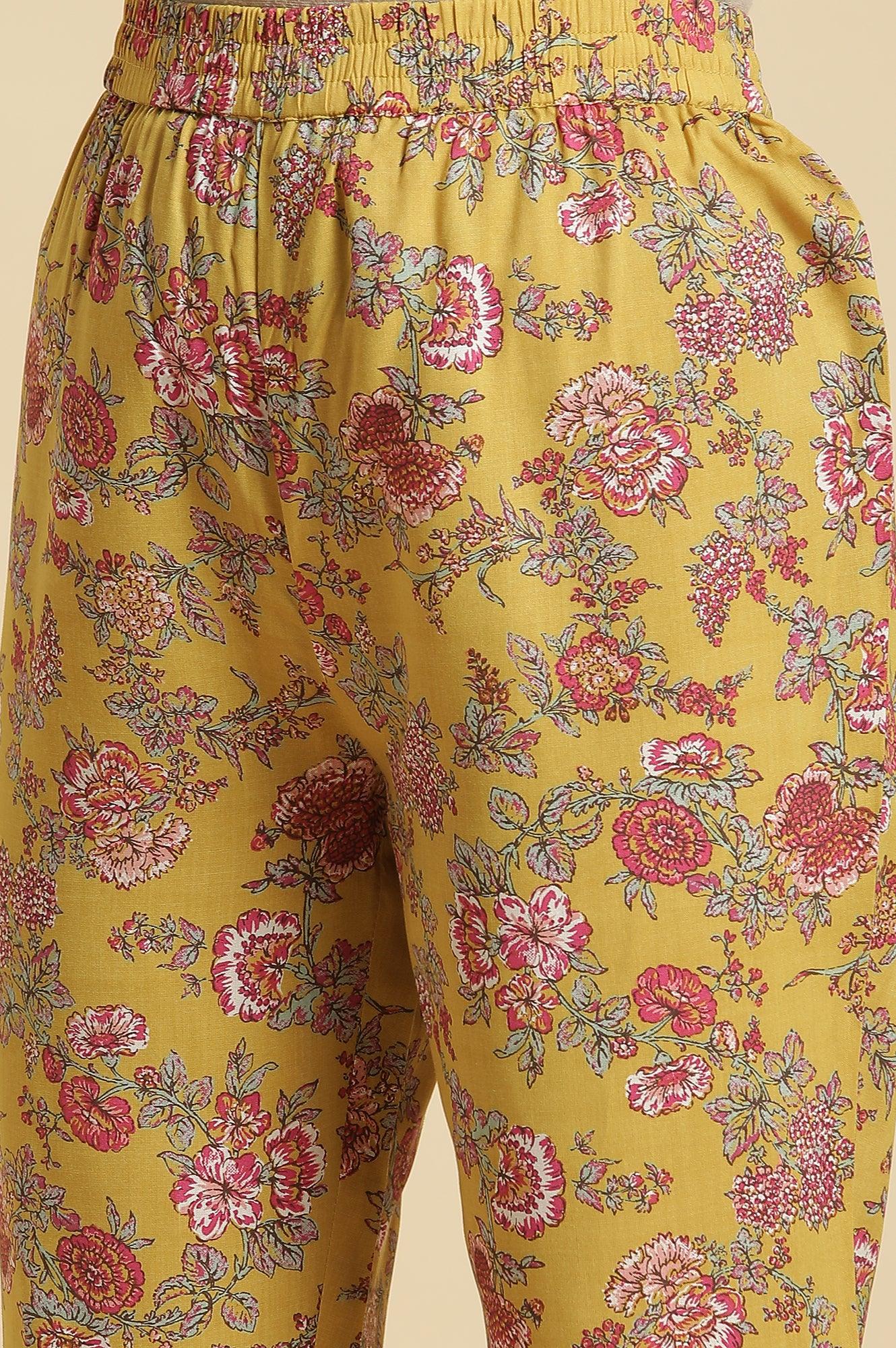 Yellow Floral Printed Kurta, Pants And Pink Dupatta Set - Image 8