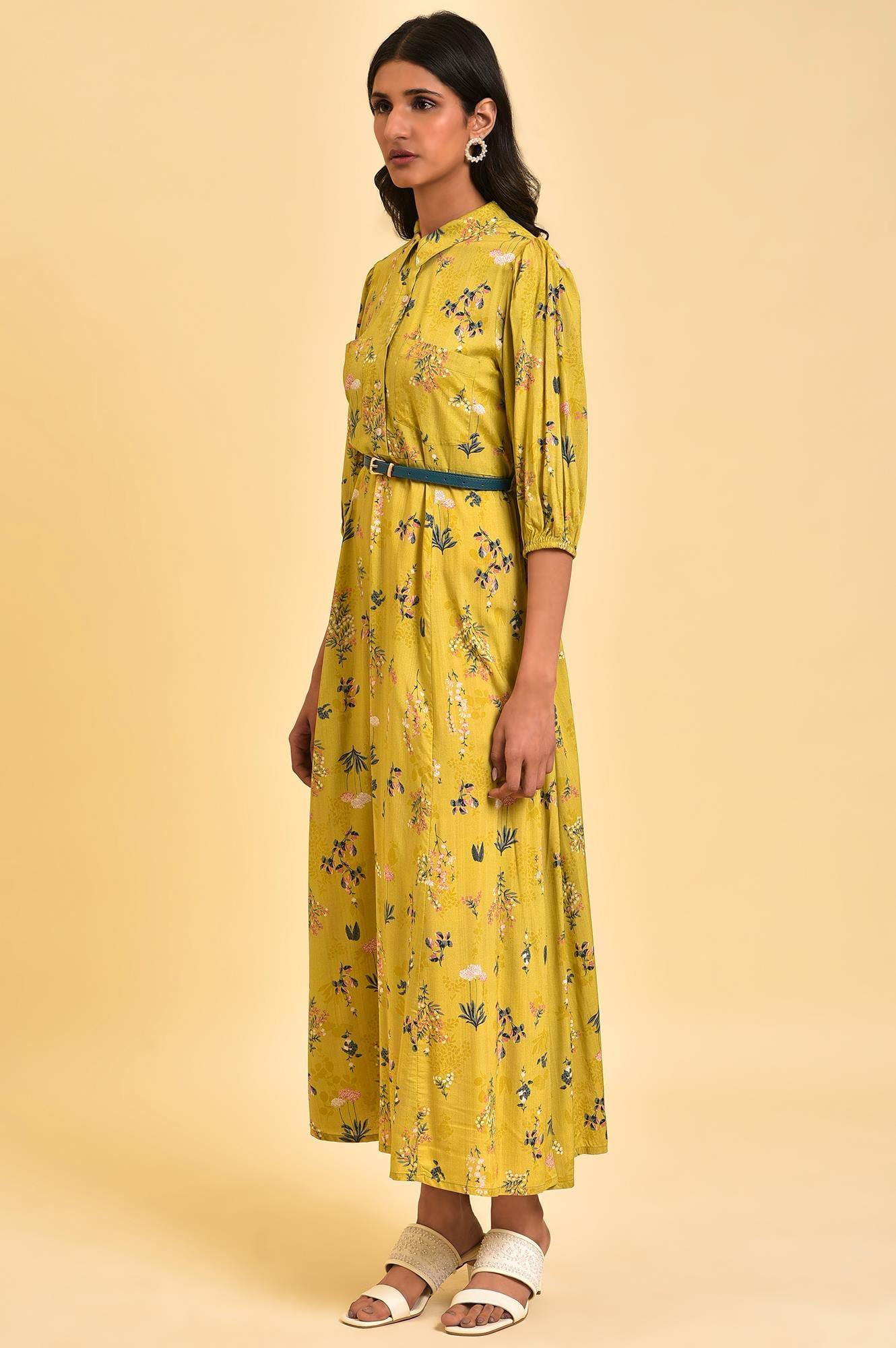 Yellow Floral Printed Long Summer Dress - Image 4