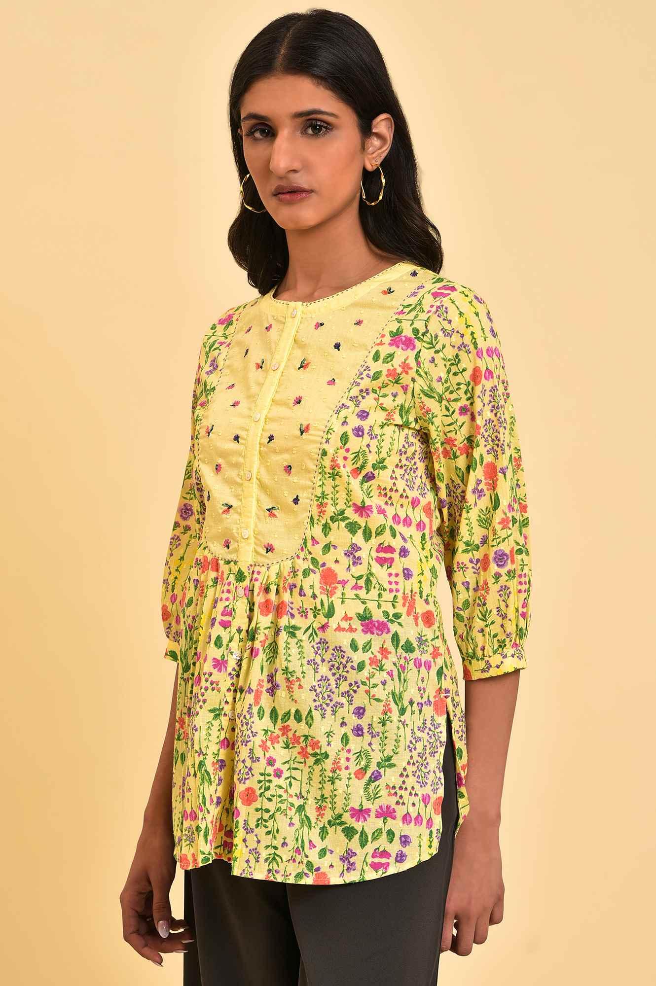 Yellow Floral Printed Top With Thread Embroidery - Image 3