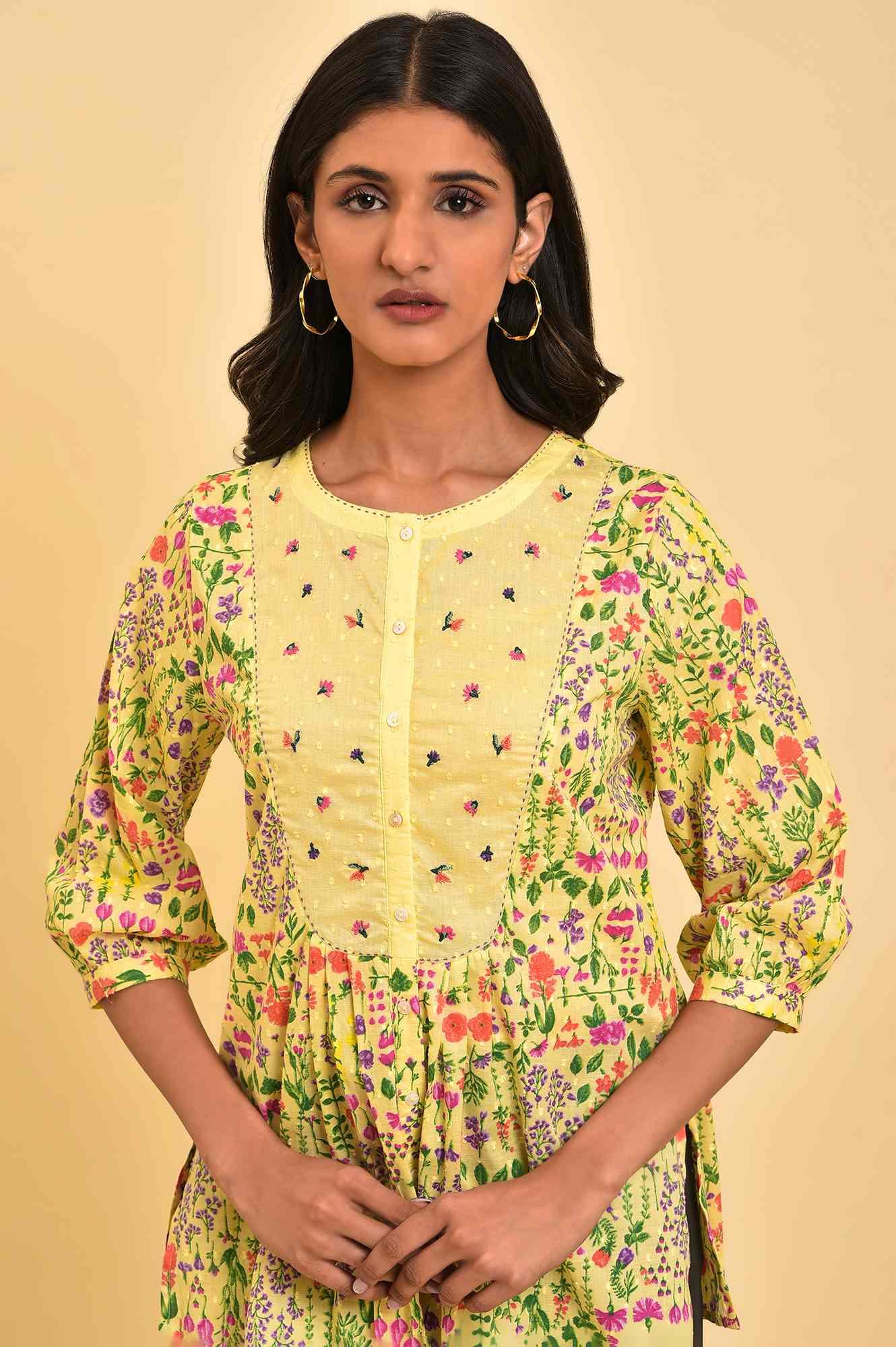 Yellow Floral Printed Top With Thread Embroidery - Image 5
