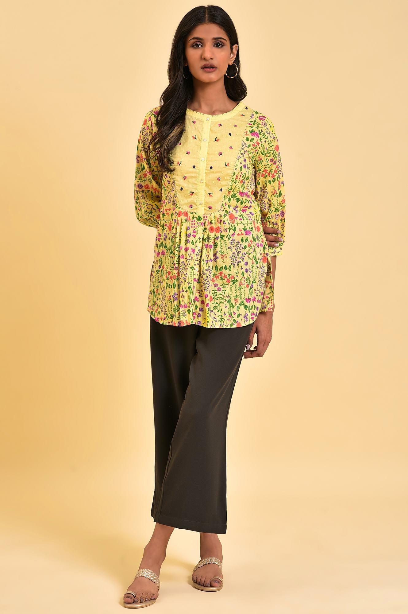 Yellow Floral Printed Top With Thread Embroidery - Image 6
