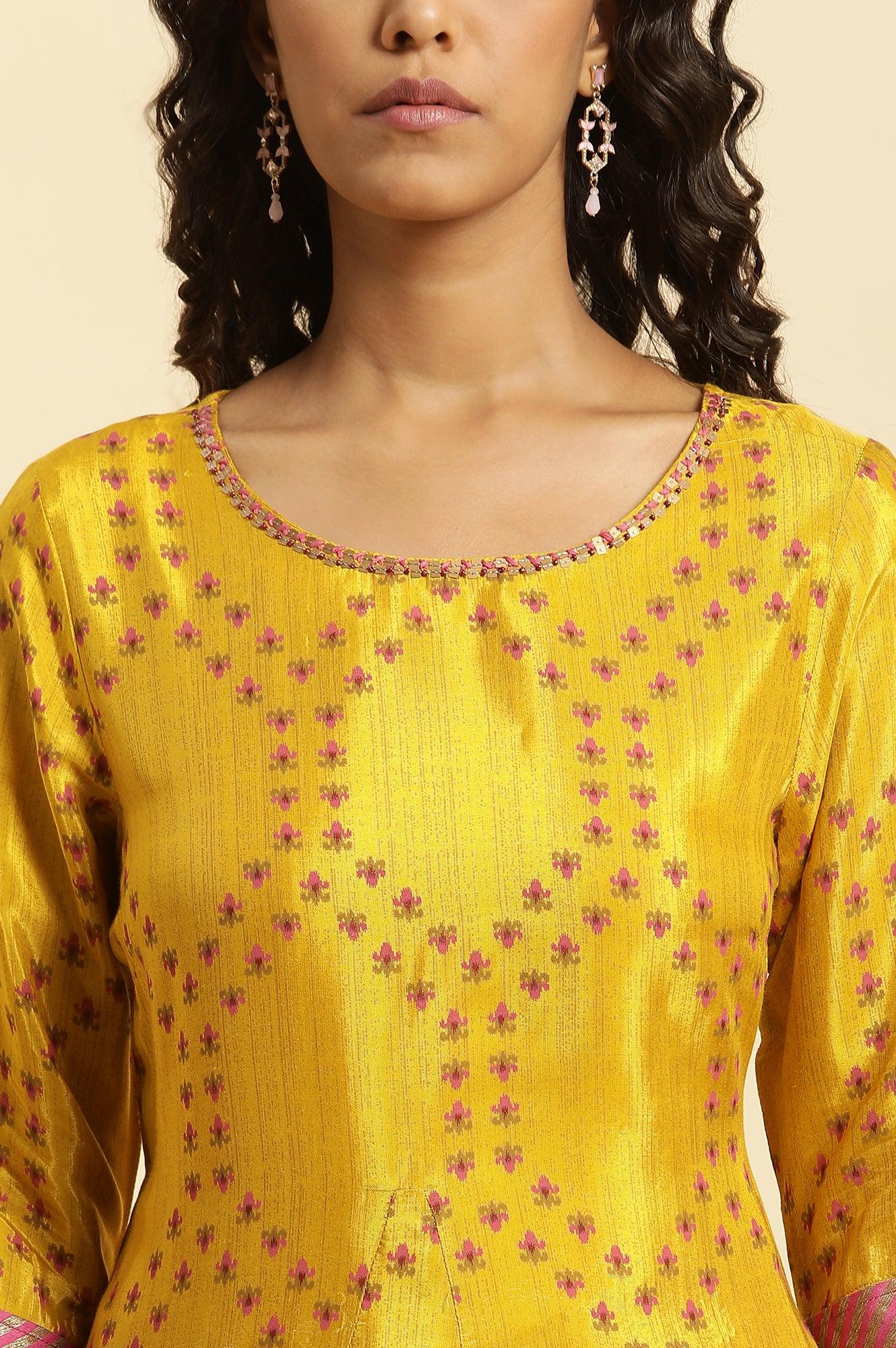 Yellow Geometric Printed A-Line Kurta - Image 6