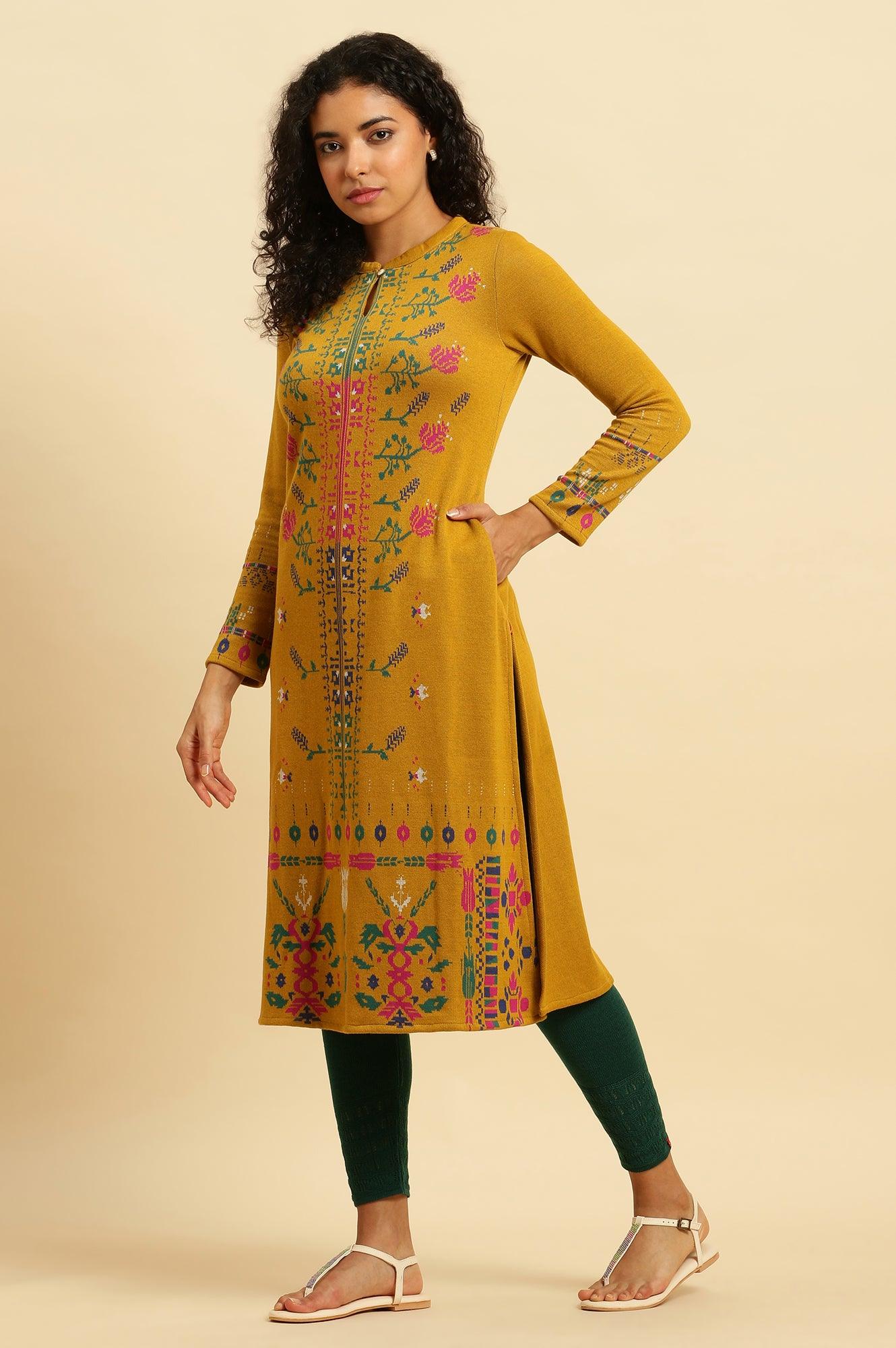 Yellow Geometric Printed Winter Kurta And Tights Set - Image 3