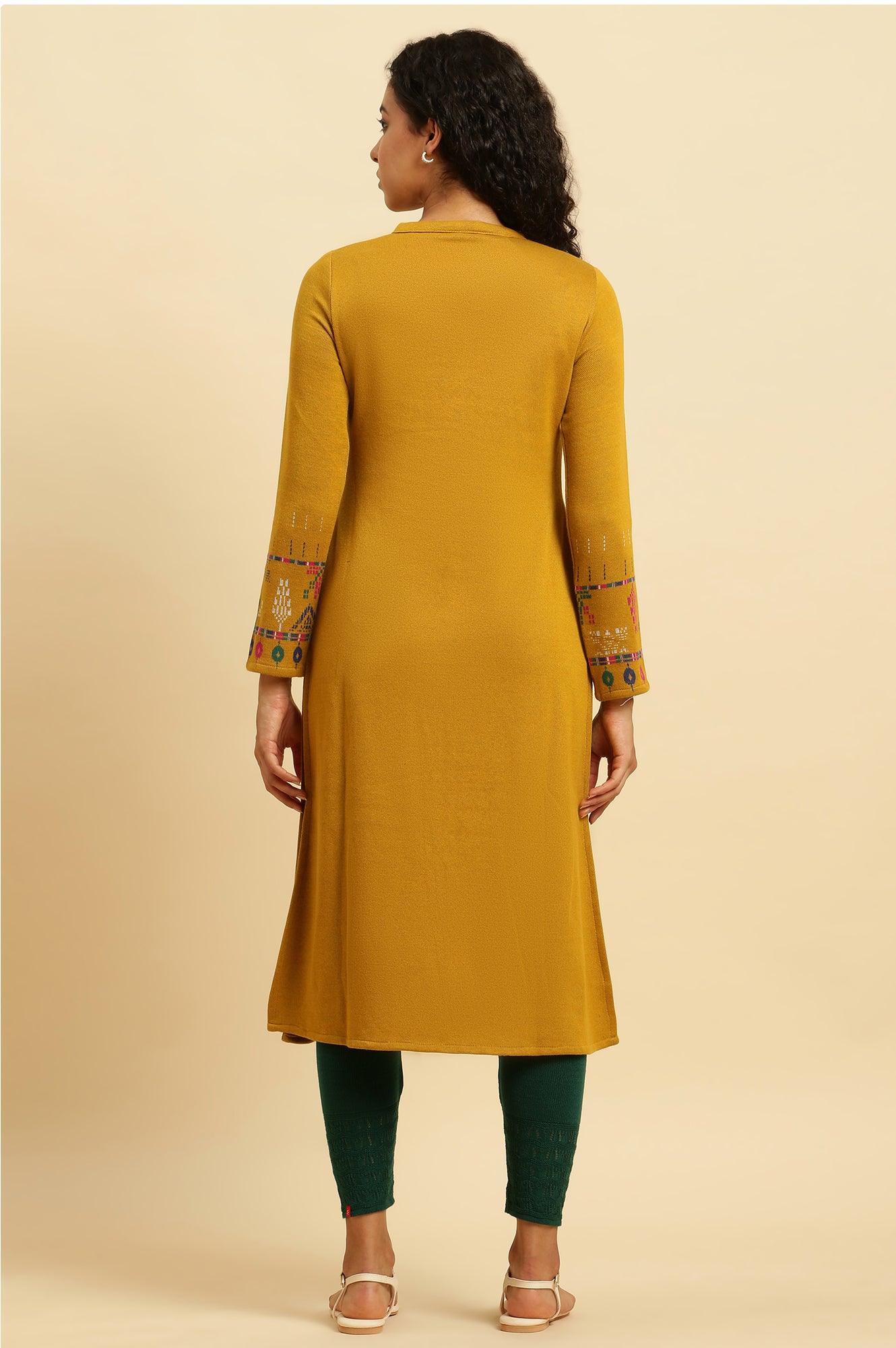 Yellow Geometric Printed Winter Kurta And Tights Set - Image 4