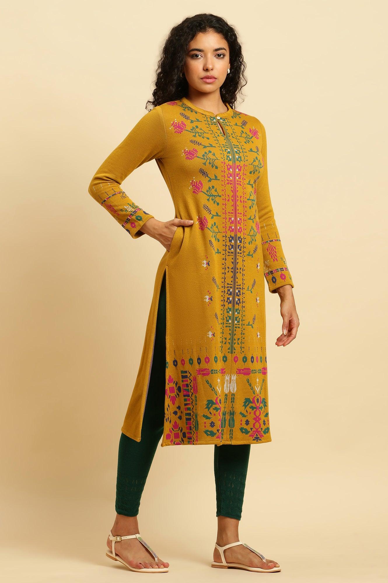 Yellow Geometric Printed Winter Kurta And Tights Set - Image 5