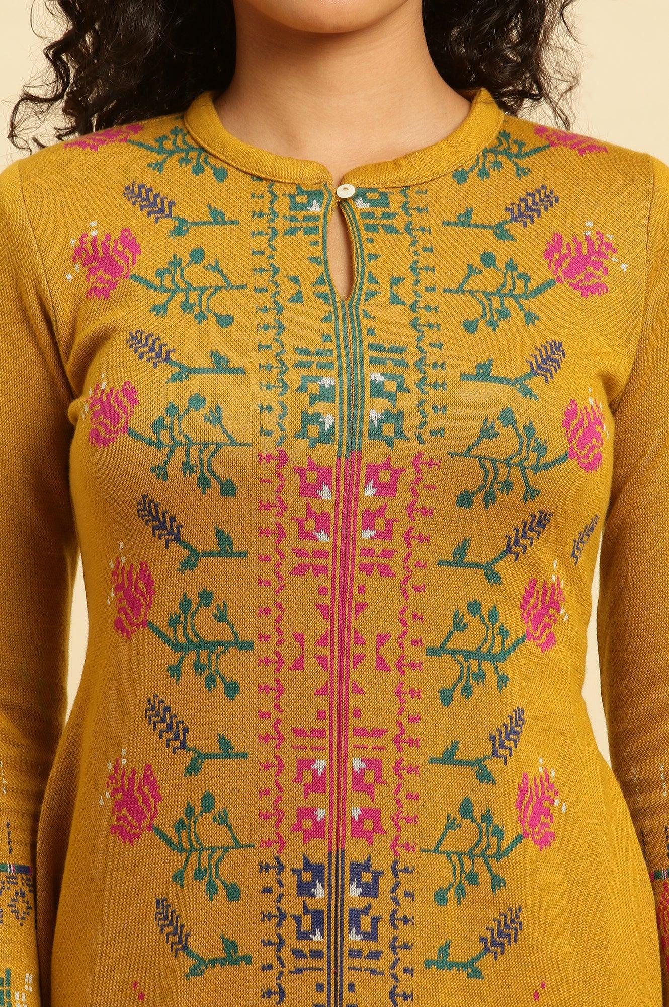 Yellow Geometric Printed Winter Kurta And Tights Set - Image 6