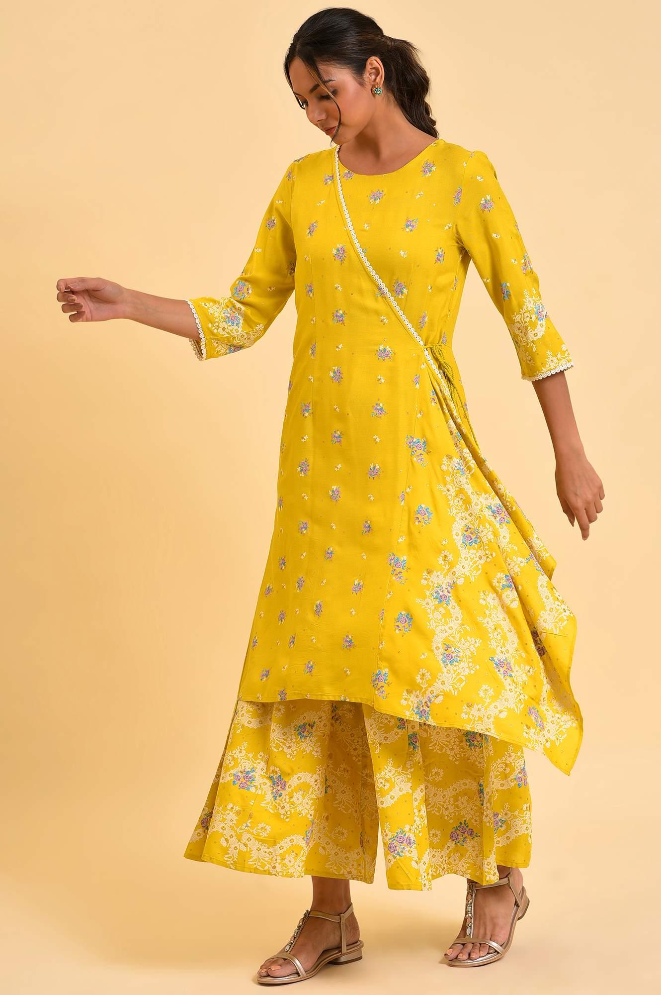 Yellow Glitter Printed Angrakha Jumpsuit - Image 3