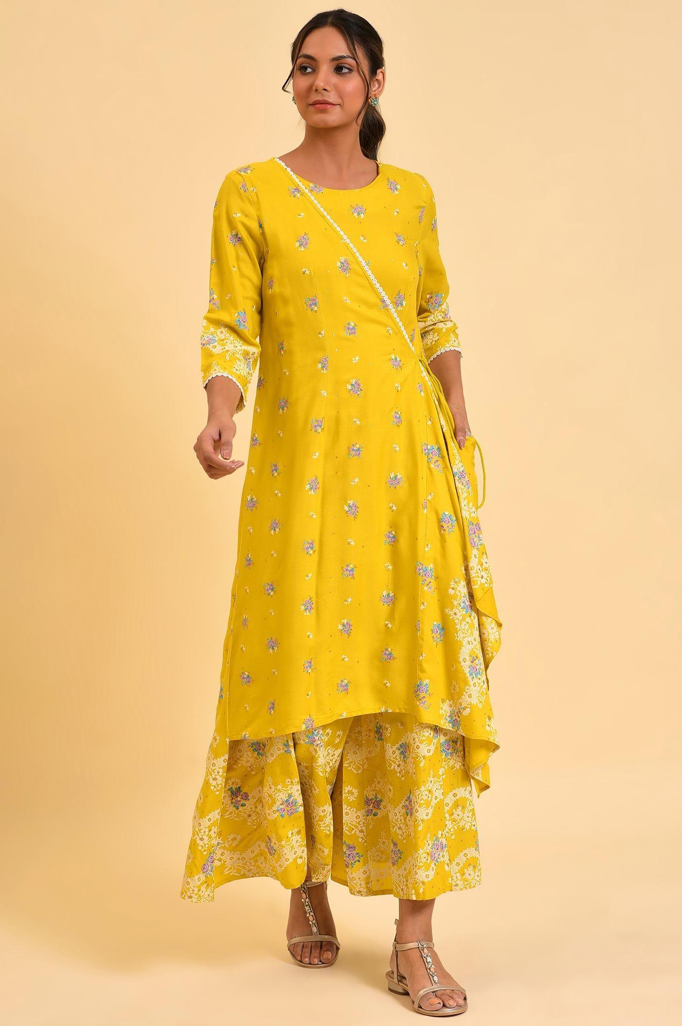 Yellow Glitter Printed Angrakha Jumpsuit - Image 6
