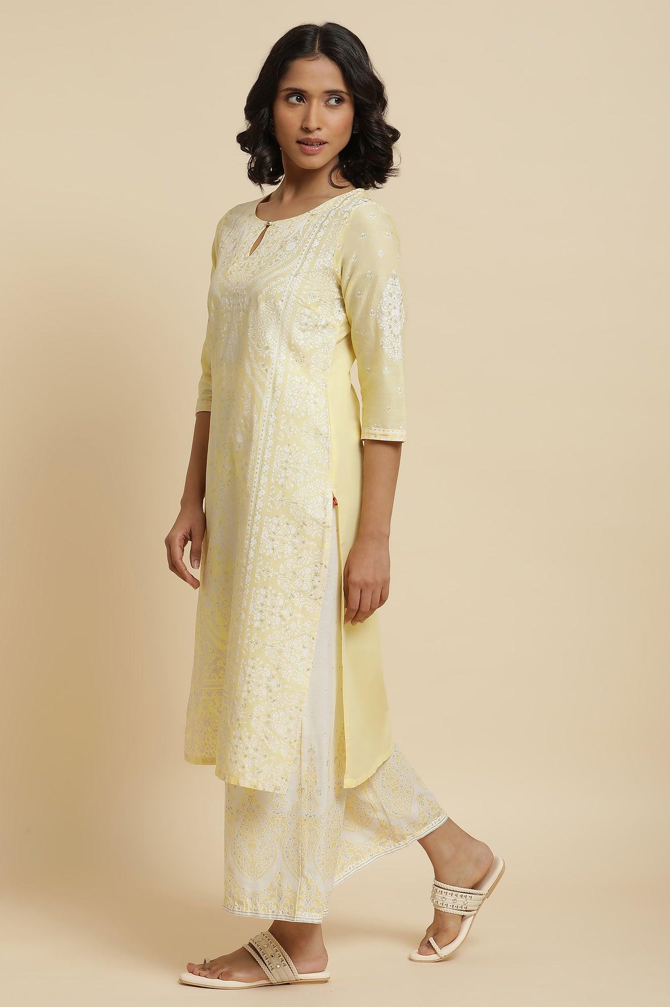 Yellow Glitter Printed Kurta & Parallel Pants - Image 3