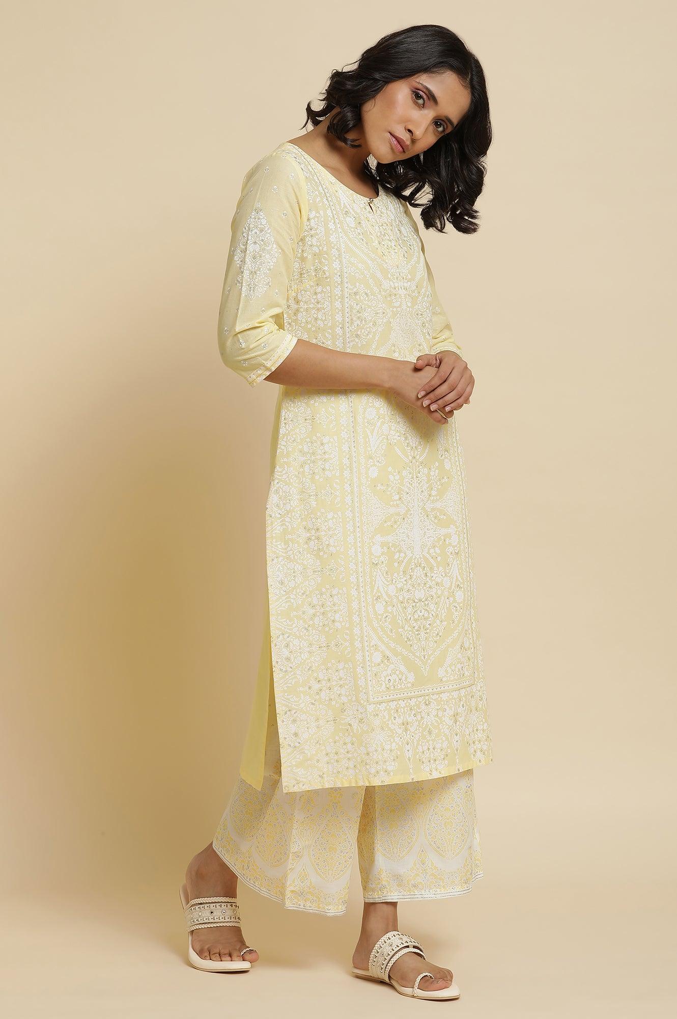 Yellow Glitter Printed Kurta & Parallel Pants - Image 5