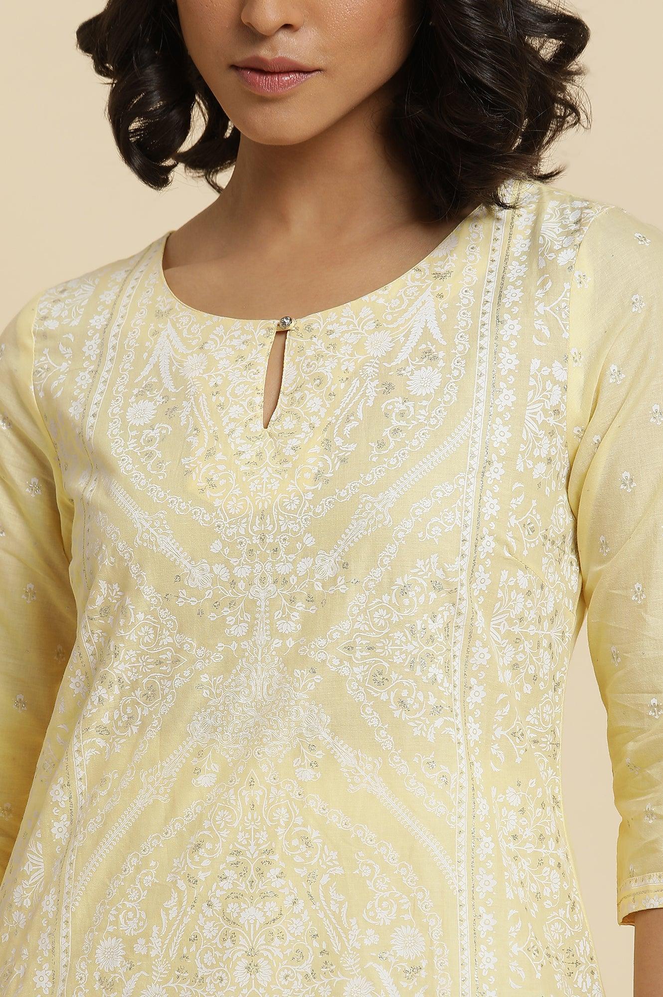 Yellow Glitter Printed Kurta & Parallel Pants - Image 6