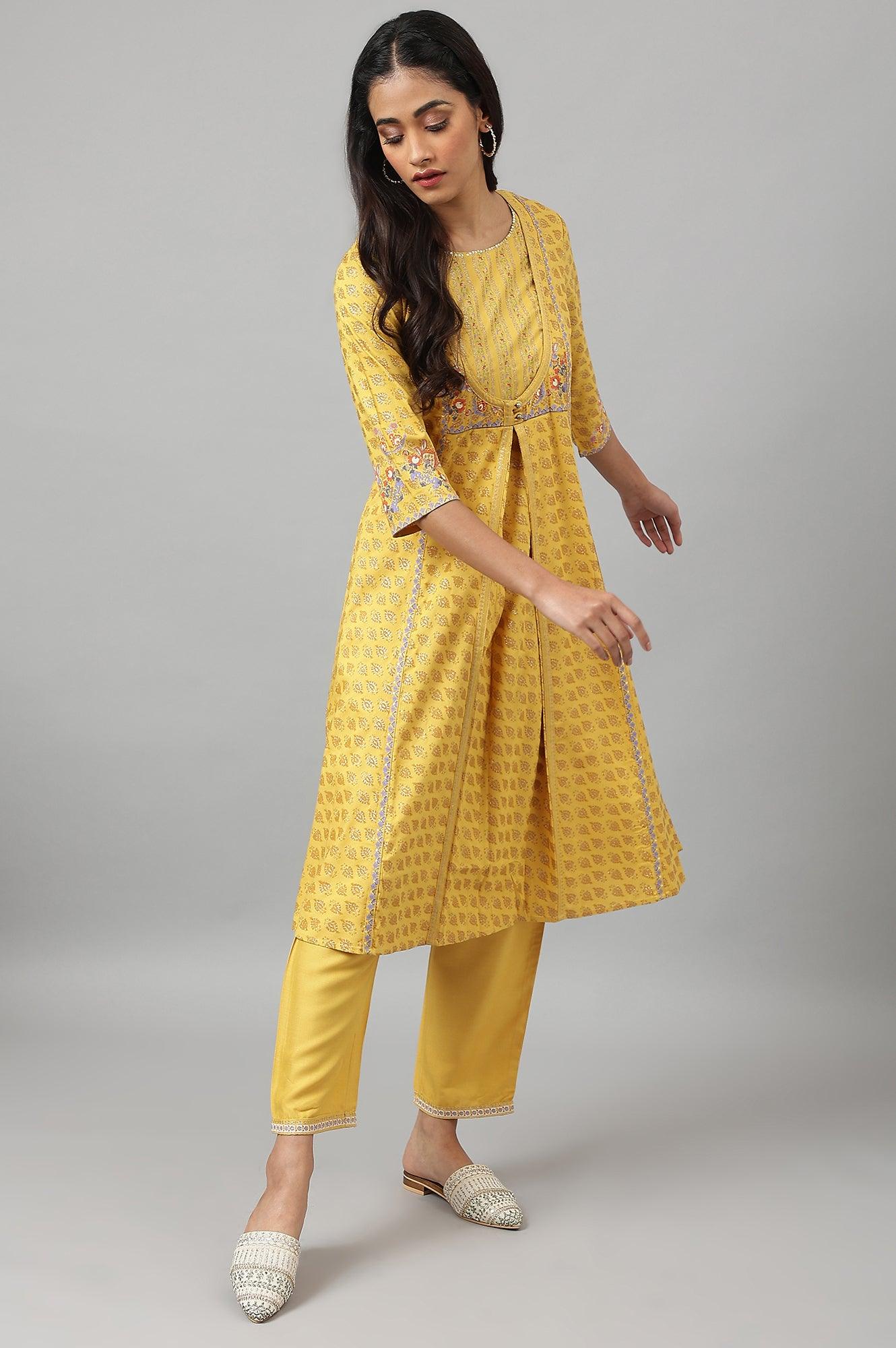 Yellow Glitter Printed Mock Layer kurta With Straight Pants - Image 6
