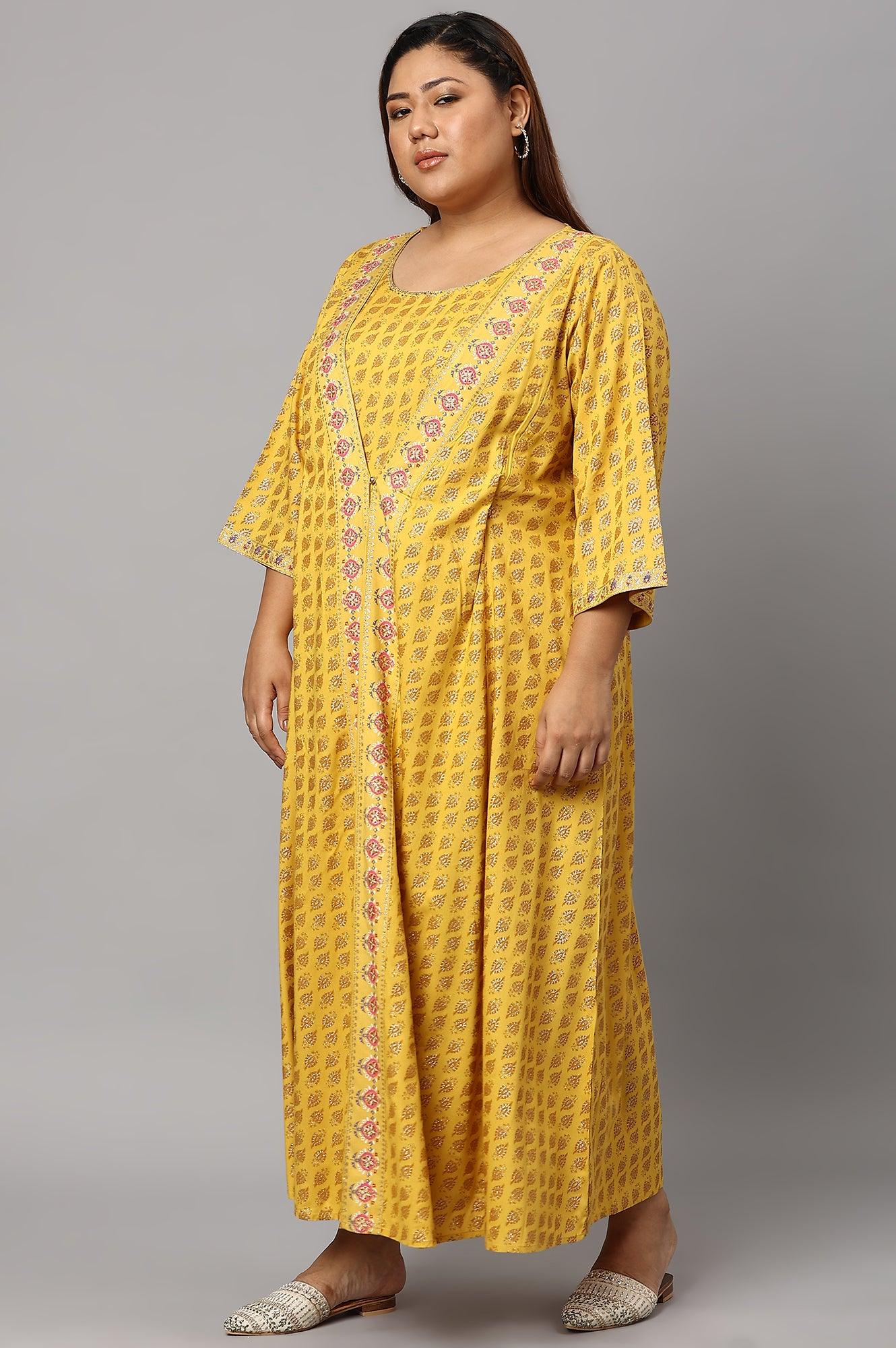 Yellow Glitter Printed Mock Layered Embellished Plus Size Kimono Jumpsuit - Image 3