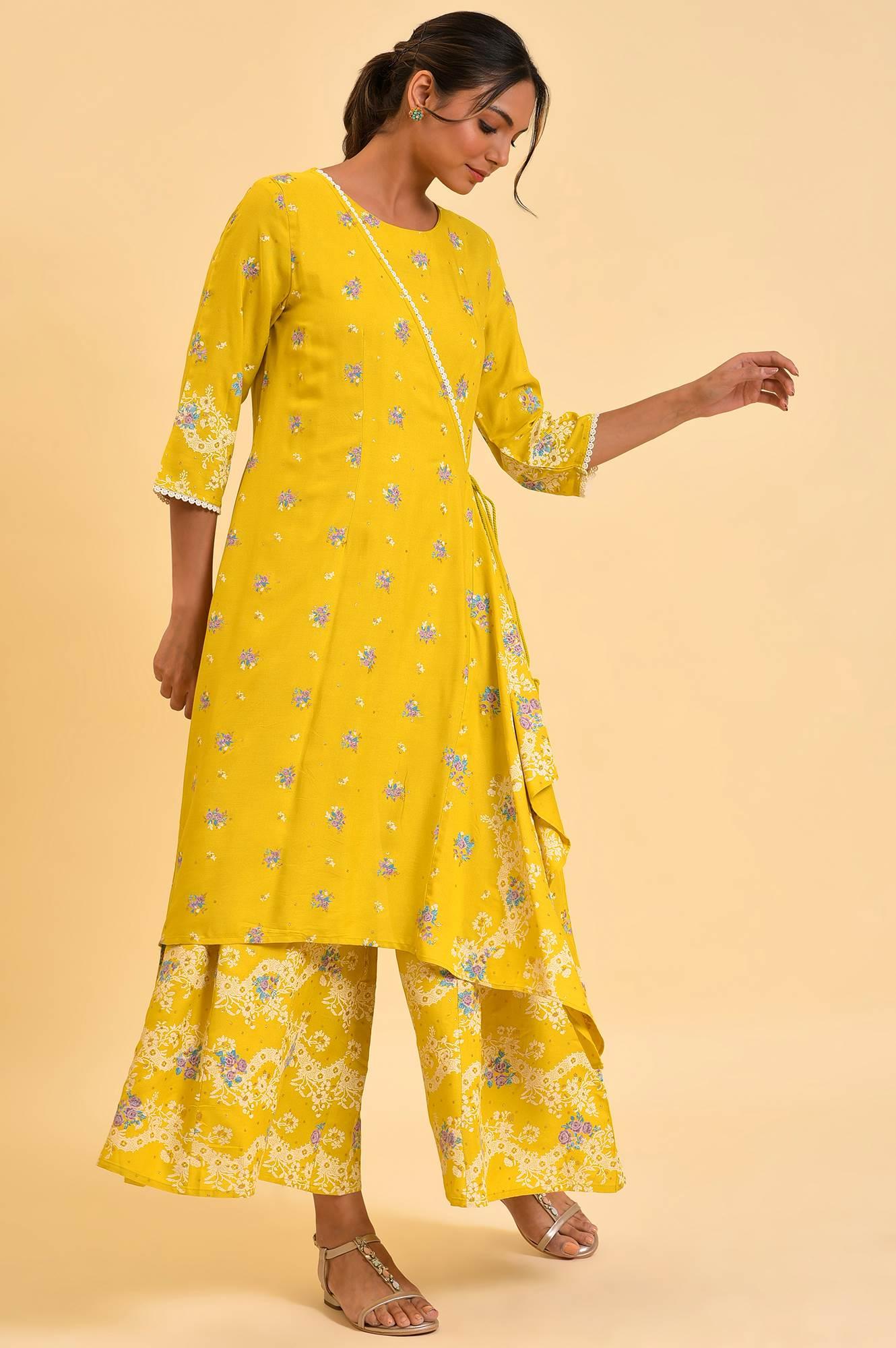 Yellow Glitter Printed Plus Size Angrakha Jumpsuit - Image 4