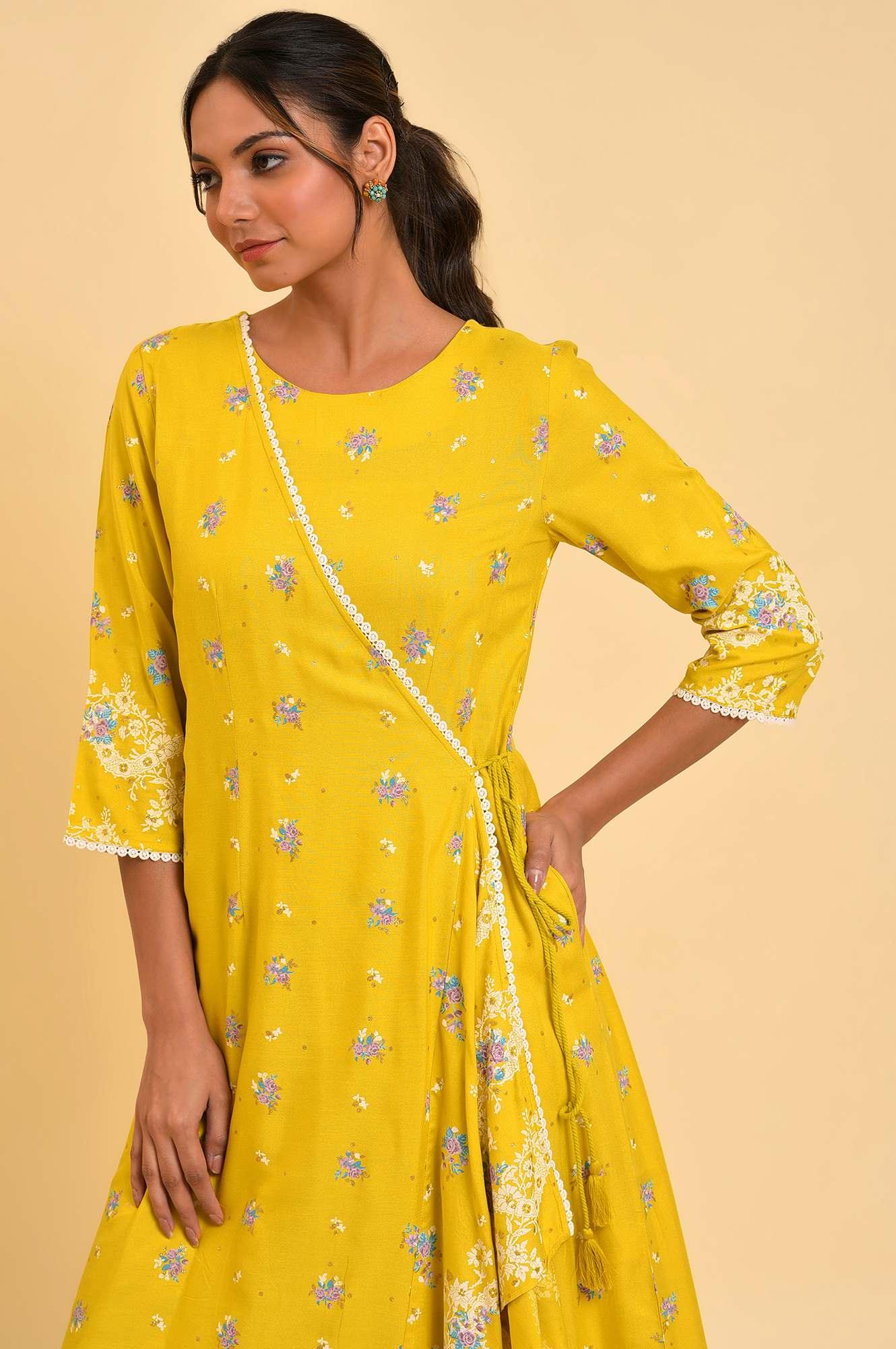 Yellow Glitter Printed Plus Size Angrakha Jumpsuit - Image 5