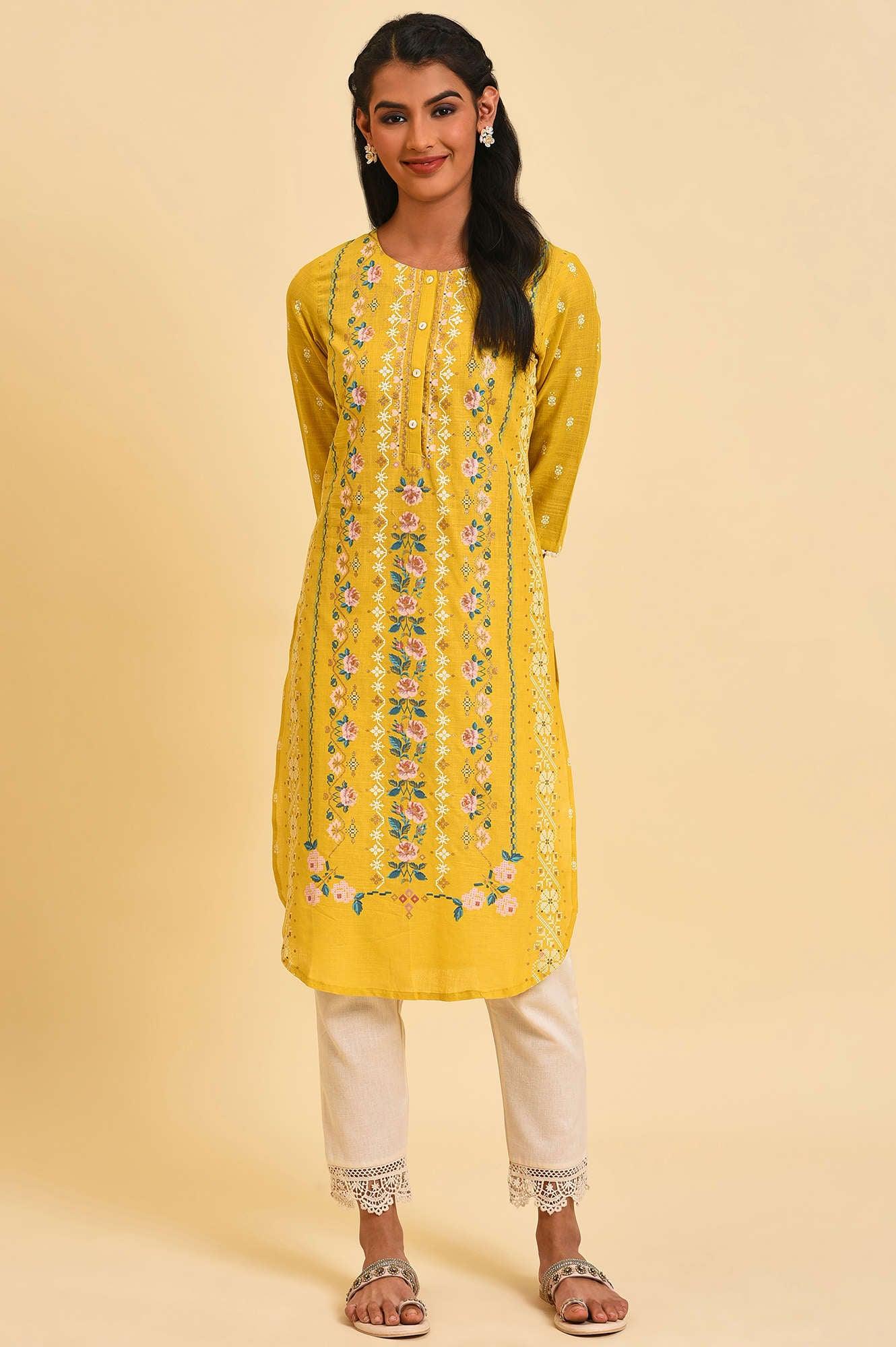 Yellow Glitter Printed Plus Size kurta - Image 6