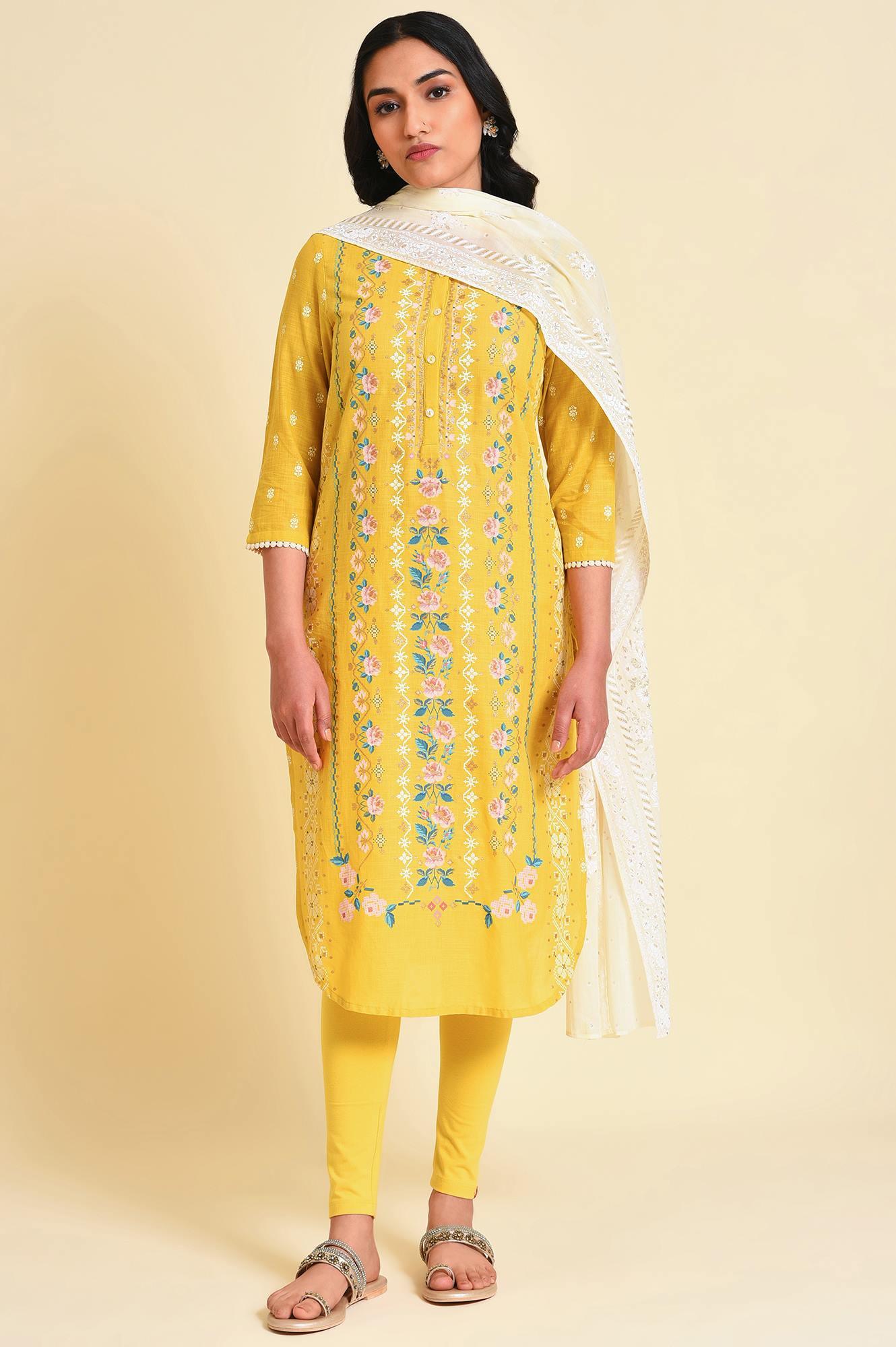 Yellow Glitter Printed Plus Size kurta - Image 9