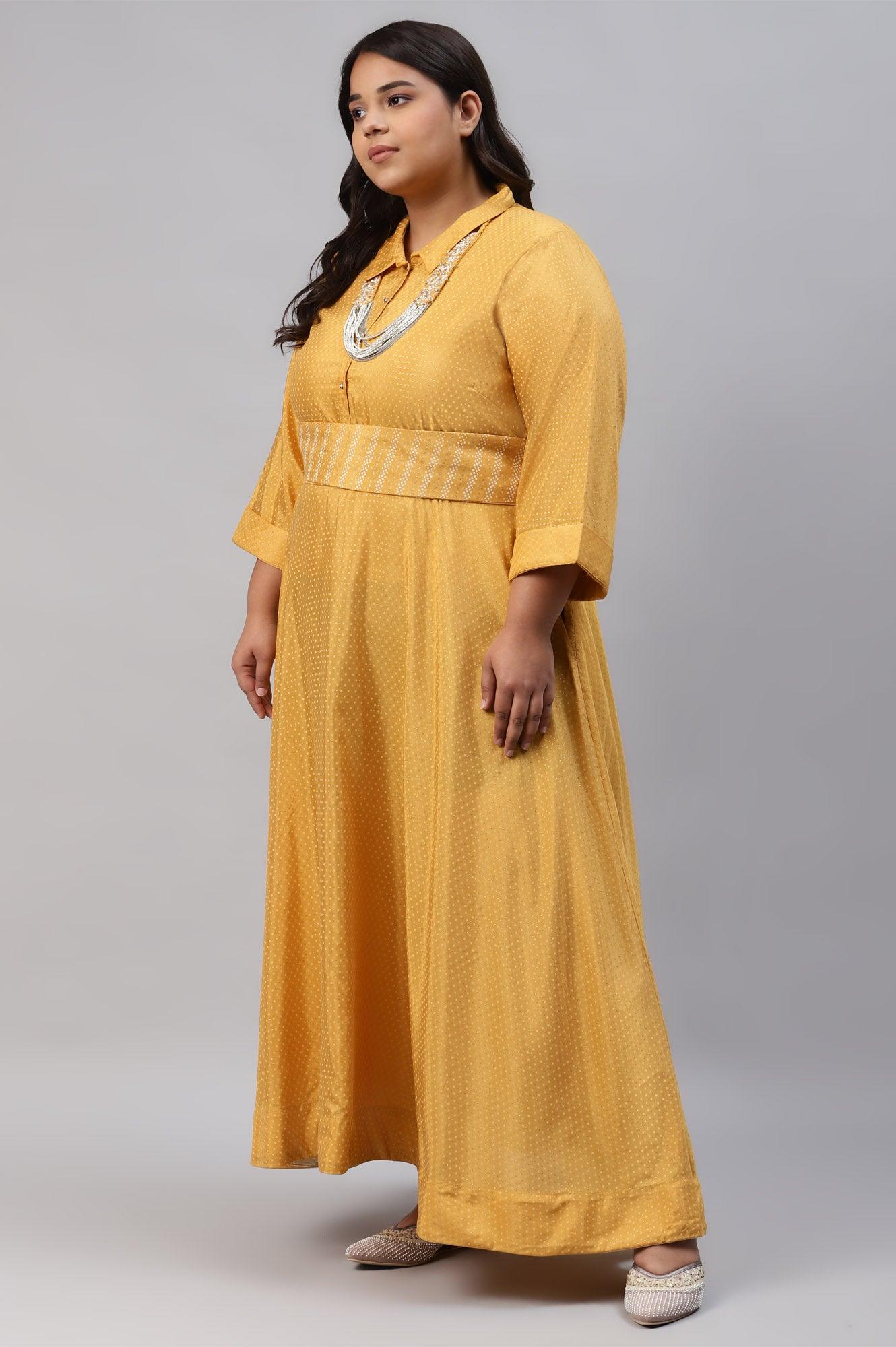Yellow Glitter Printed Plus Size Shirt Dress With Embroidered Neckpiece - Image 3
