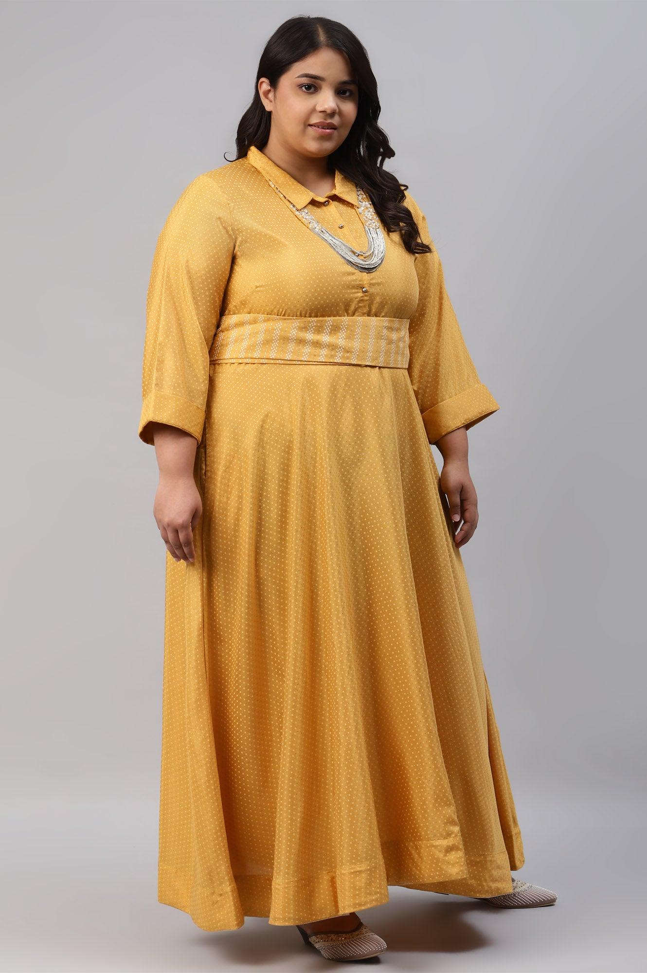 Yellow Glitter Printed Plus Size Shirt Dress With Embroidered Neckpiece - Image 4