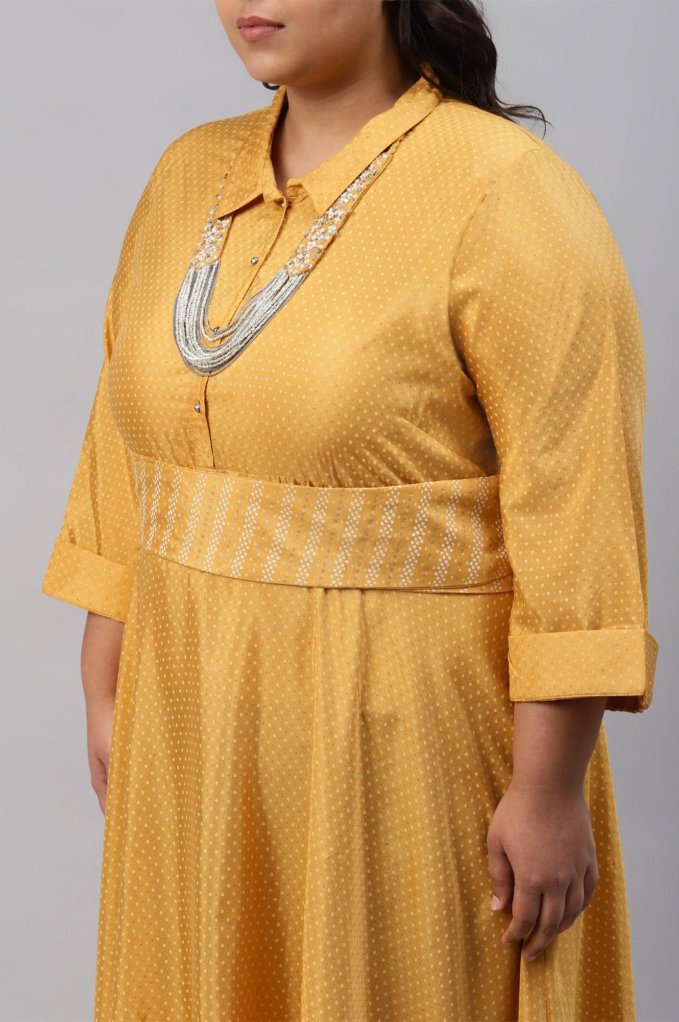 Yellow Glitter Printed Plus Size Shirt Dress With Embroidered Neckpiece - Image 5