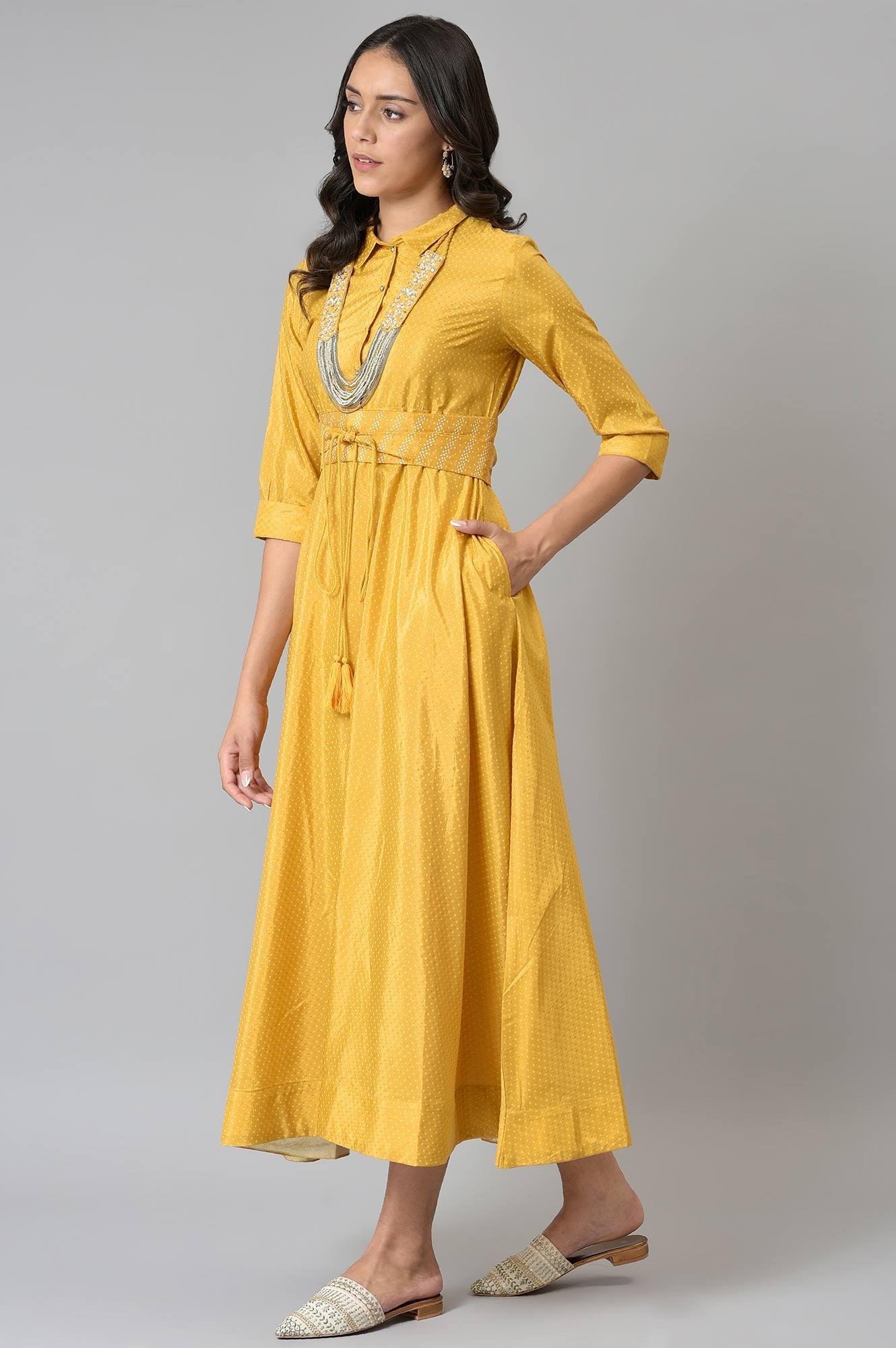 Yellow Glitter Printed Shirt Dress With Embroidered Neckpiece - Image 3