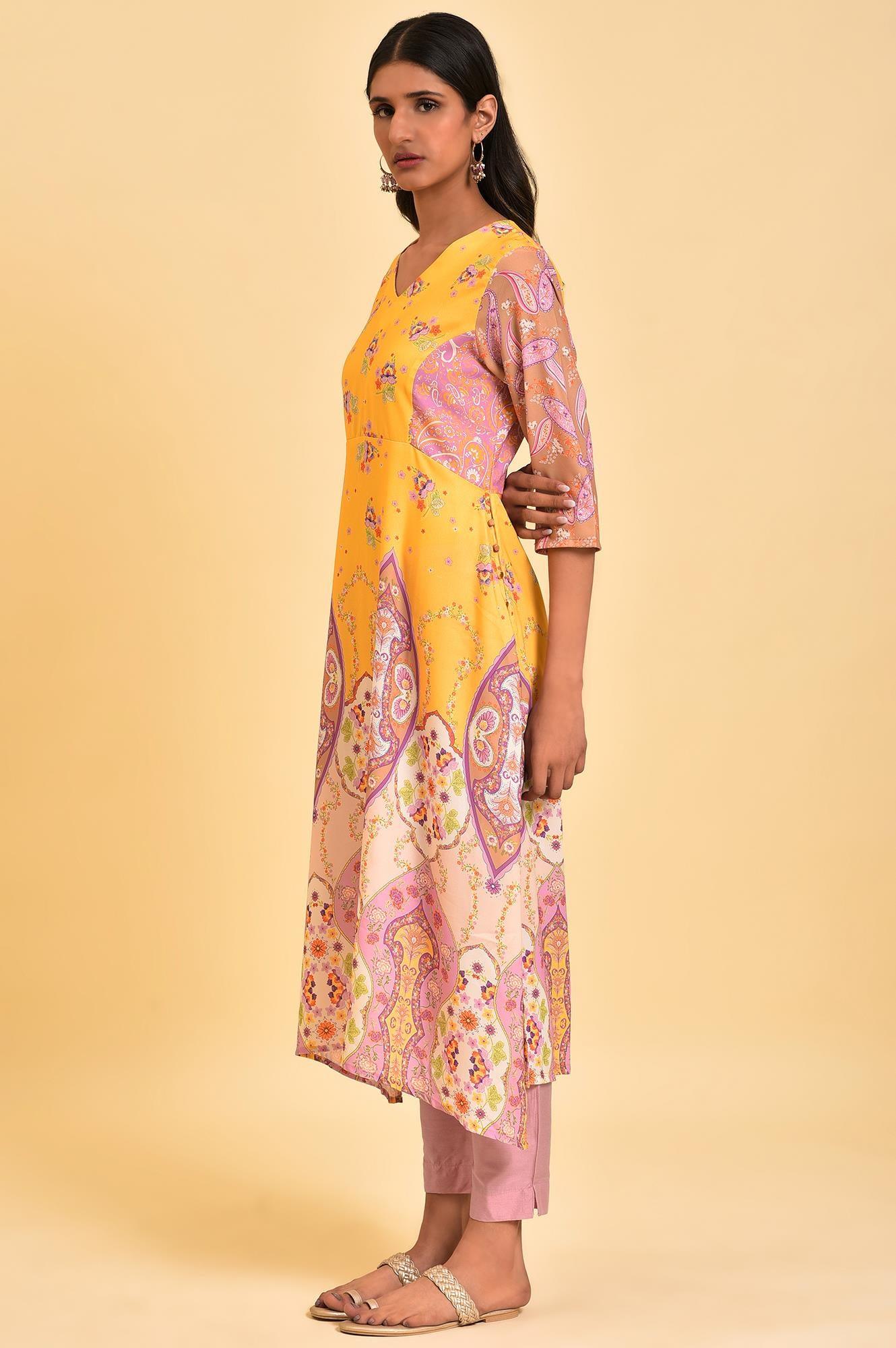 Yellow Handkerchief Patterned Cut Placement kurta - Image 3