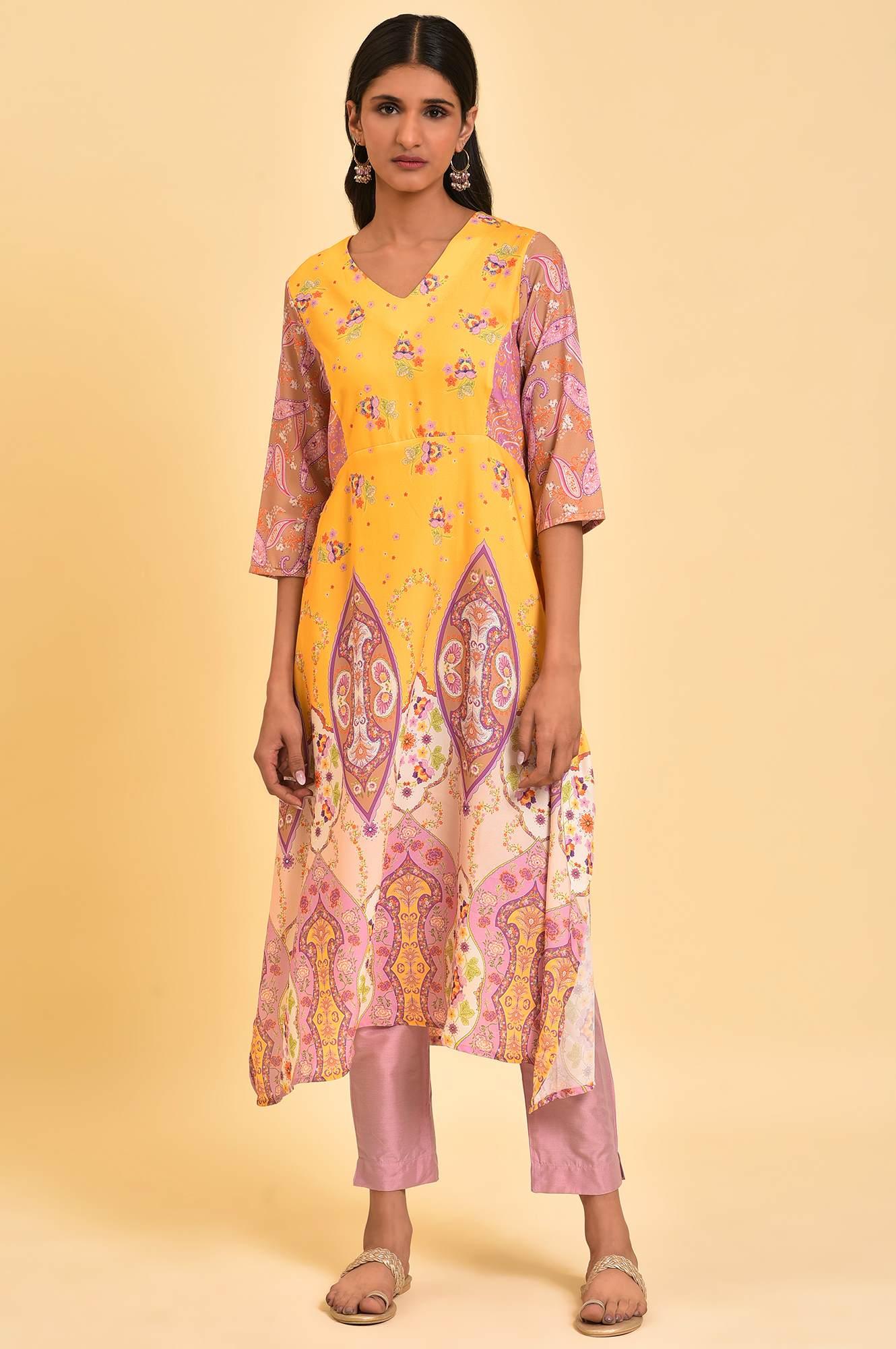 Yellow Handkerchief Patterned Cut Placement kurta - Image 6