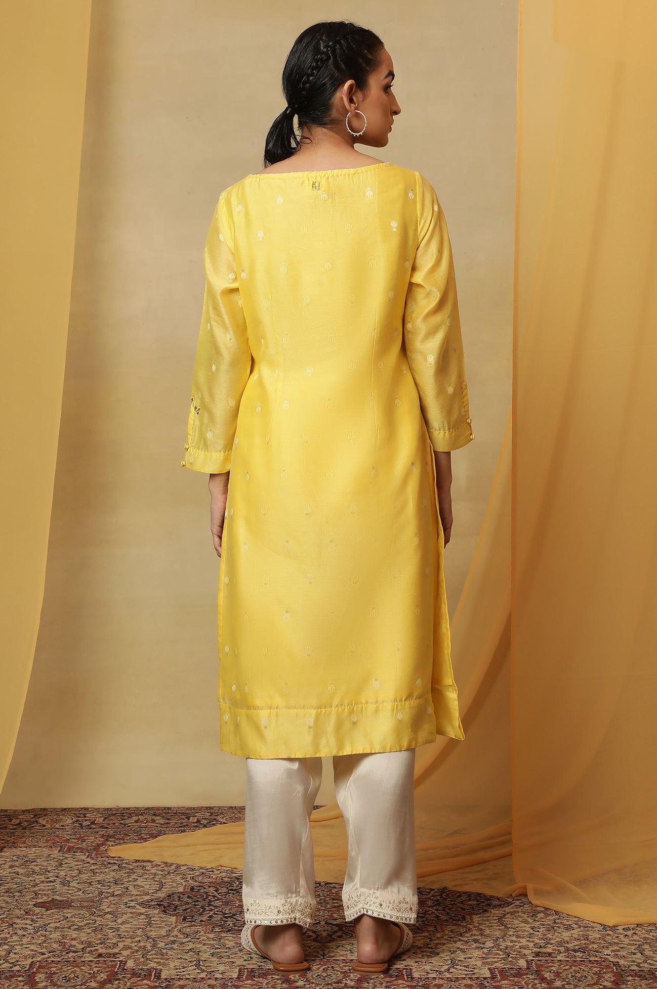 Yellow Jamdani Straight Kurta - Image 4