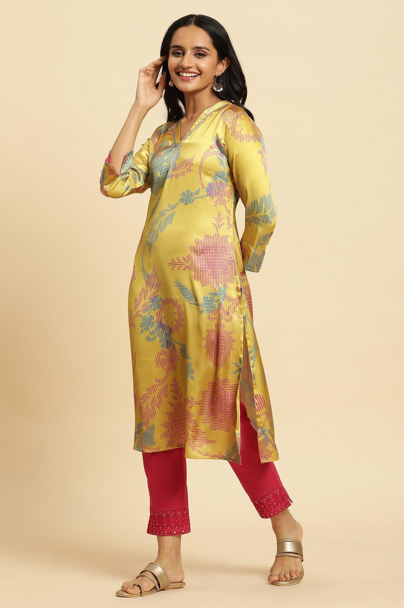 Yellow Japanese Satin Floral Printed Kurta - Image 3