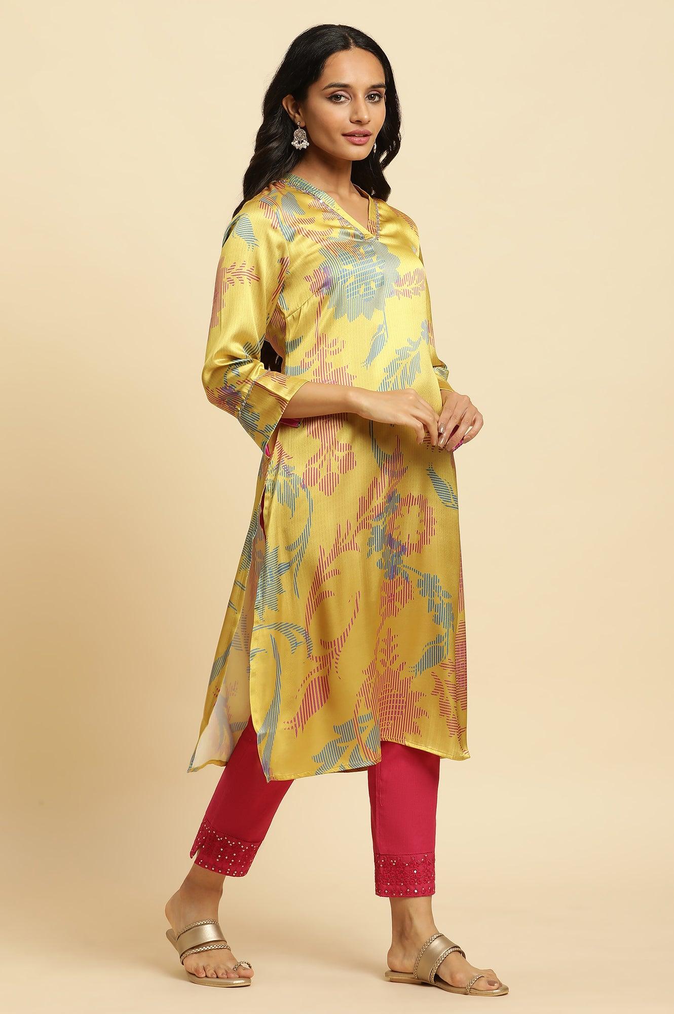 Yellow Japanese Satin Floral Printed Kurta - Image 5