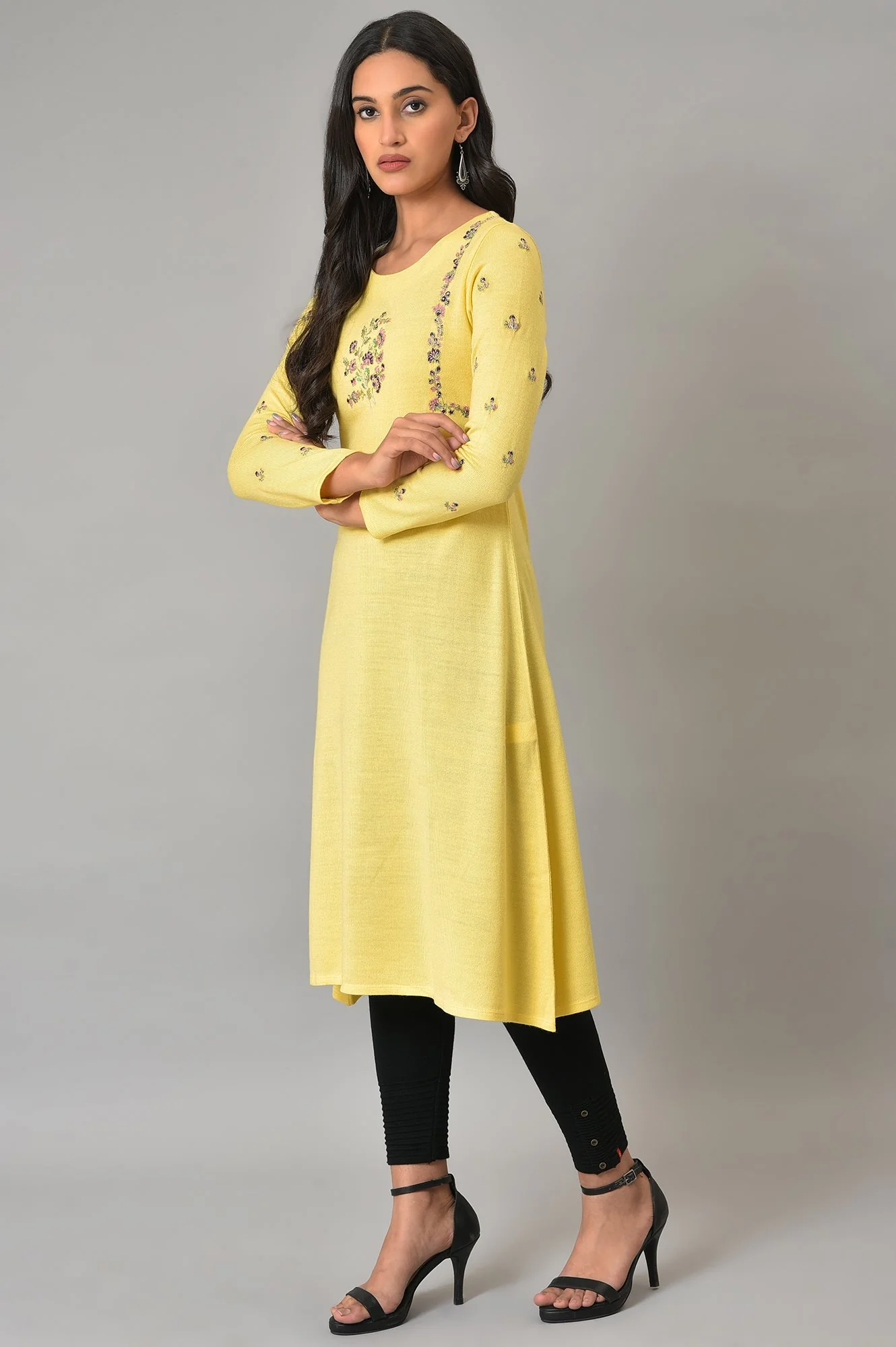 Yellow Multi-Coloured Embroidery Winter kurta - Image 3