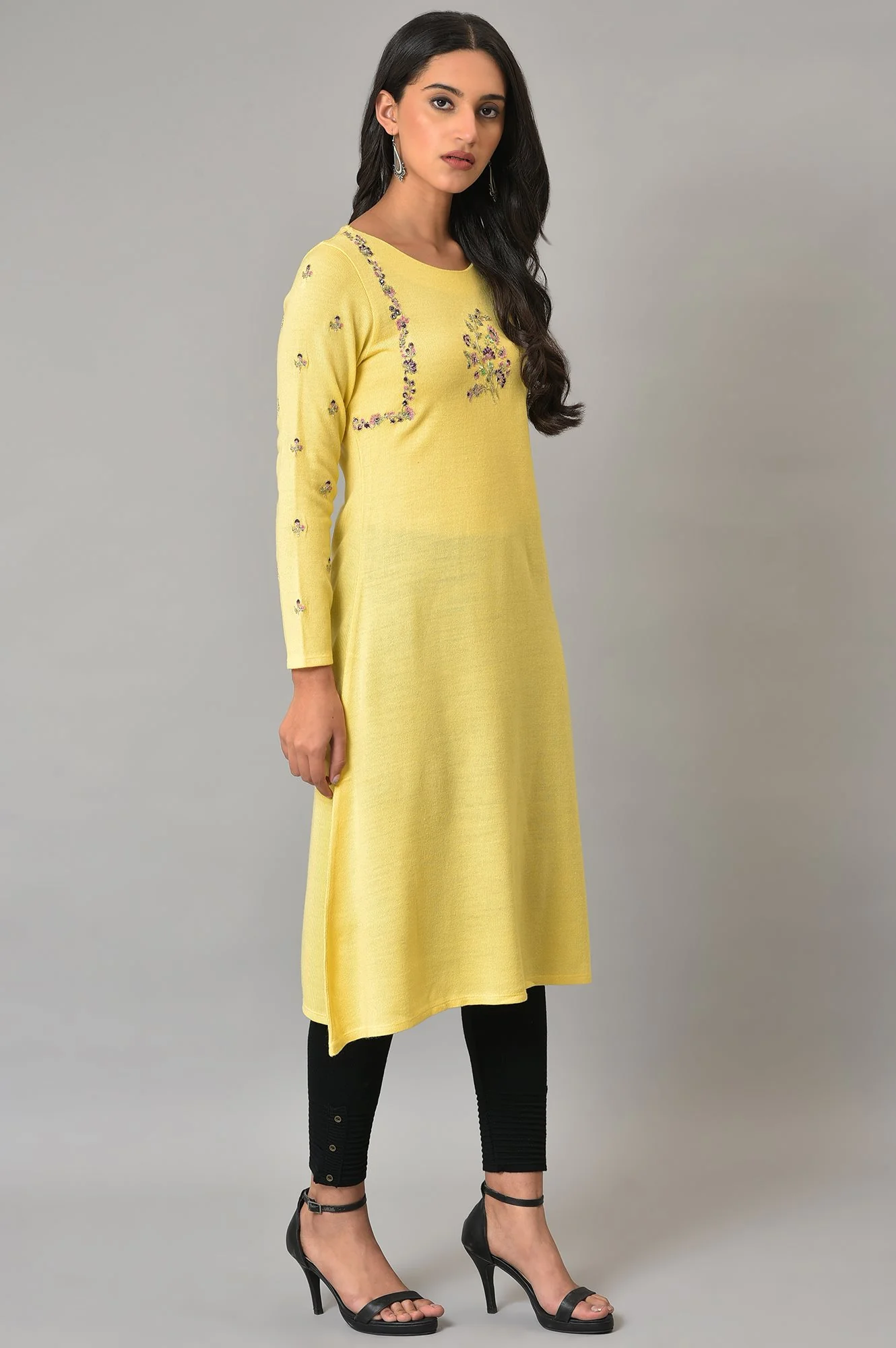 Yellow Multi-Coloured Embroidery Winter kurta - Image 4