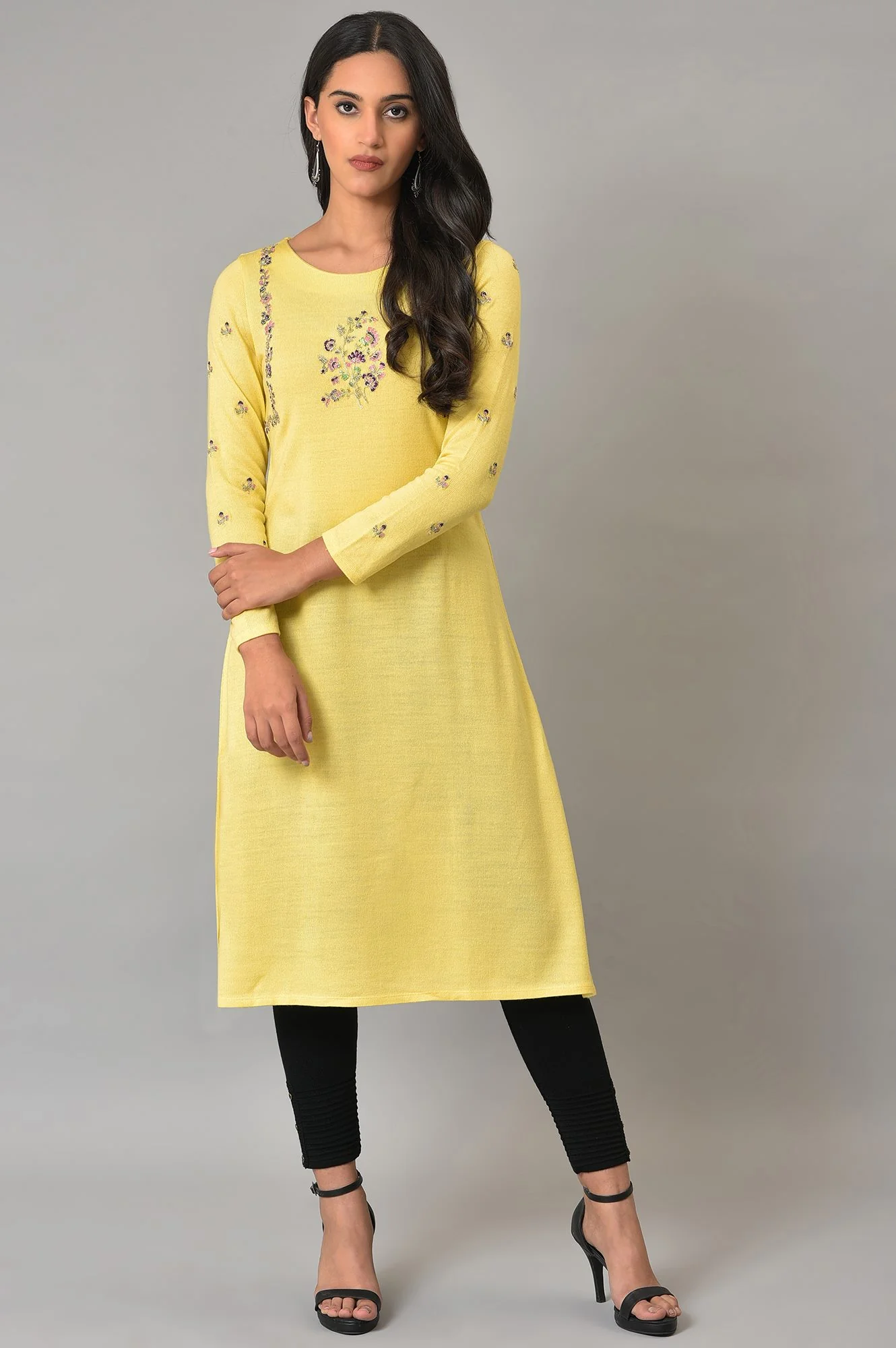 Yellow Multi-Coloured Embroidery Winter kurta - Image 6