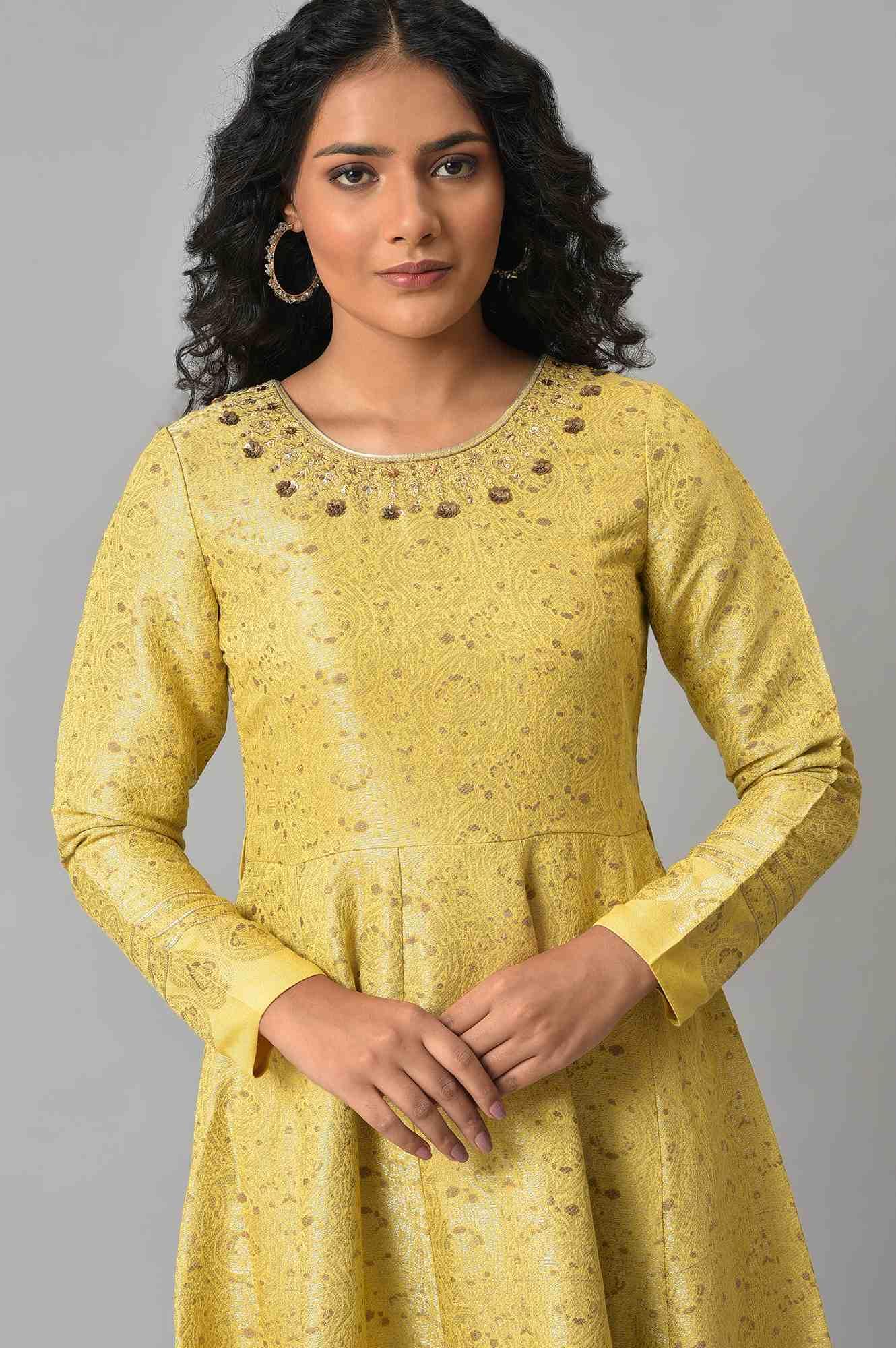 Yellow Paisley Printed Anarkali Indie Dress - Image 5
