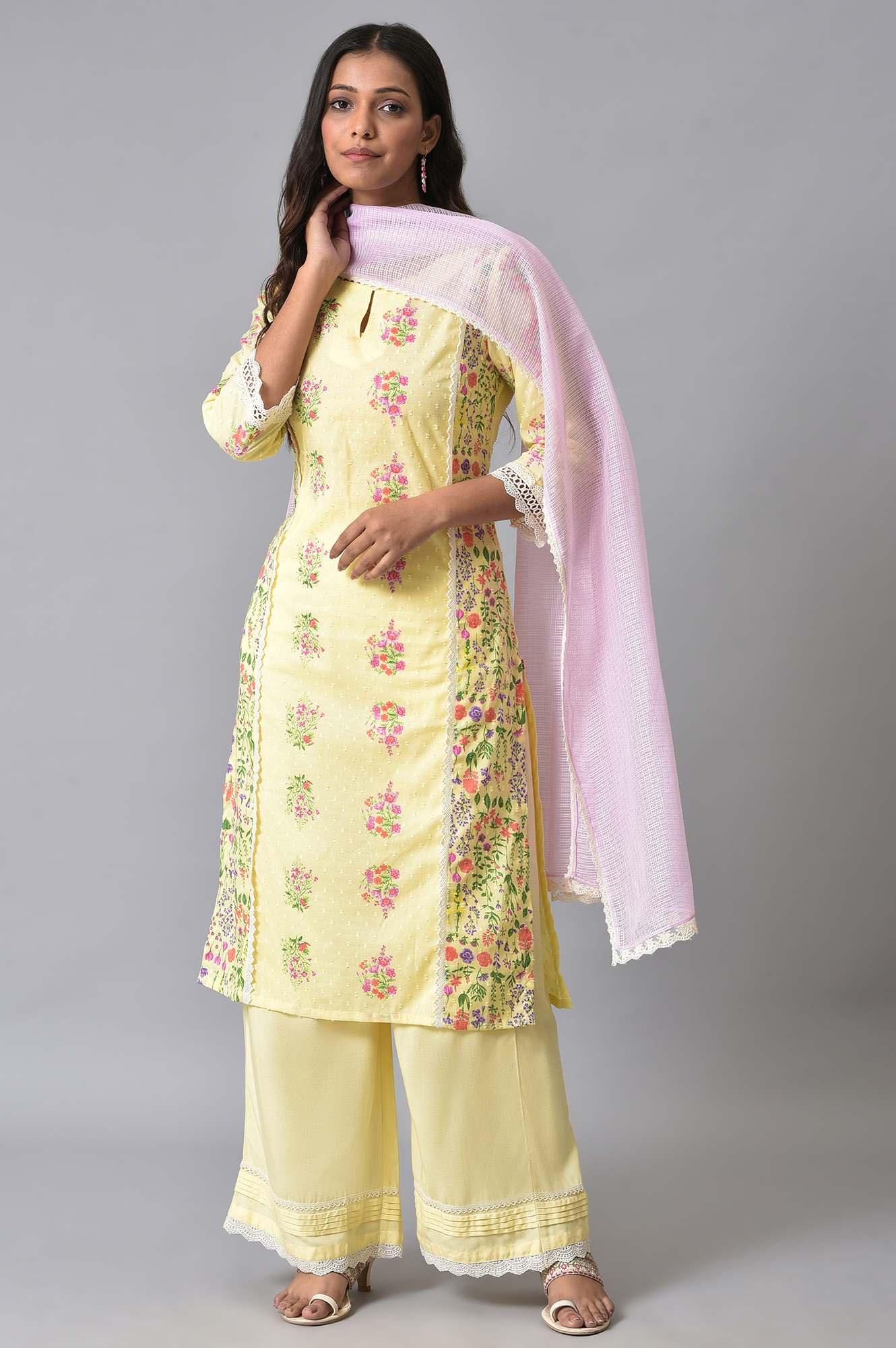 Yellow Panelled Floral Print kurta Set - Image 10