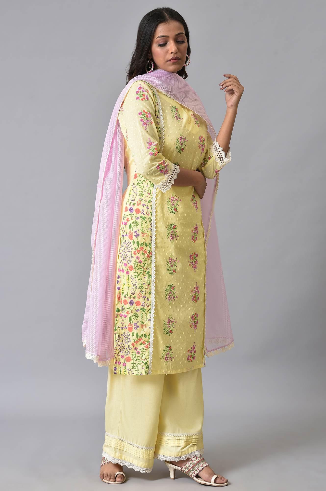 Yellow Panelled Floral Print kurta Set - Image 4